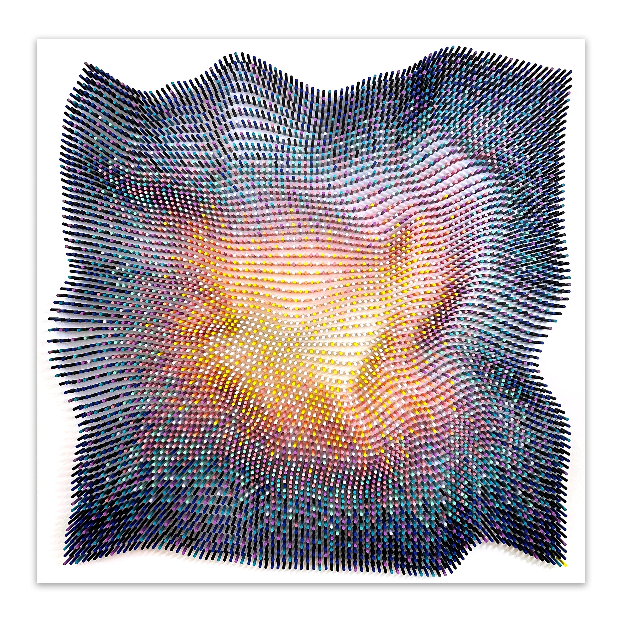 Geometric wall sculpture by Matt Bilfield made from painted wooden dowels