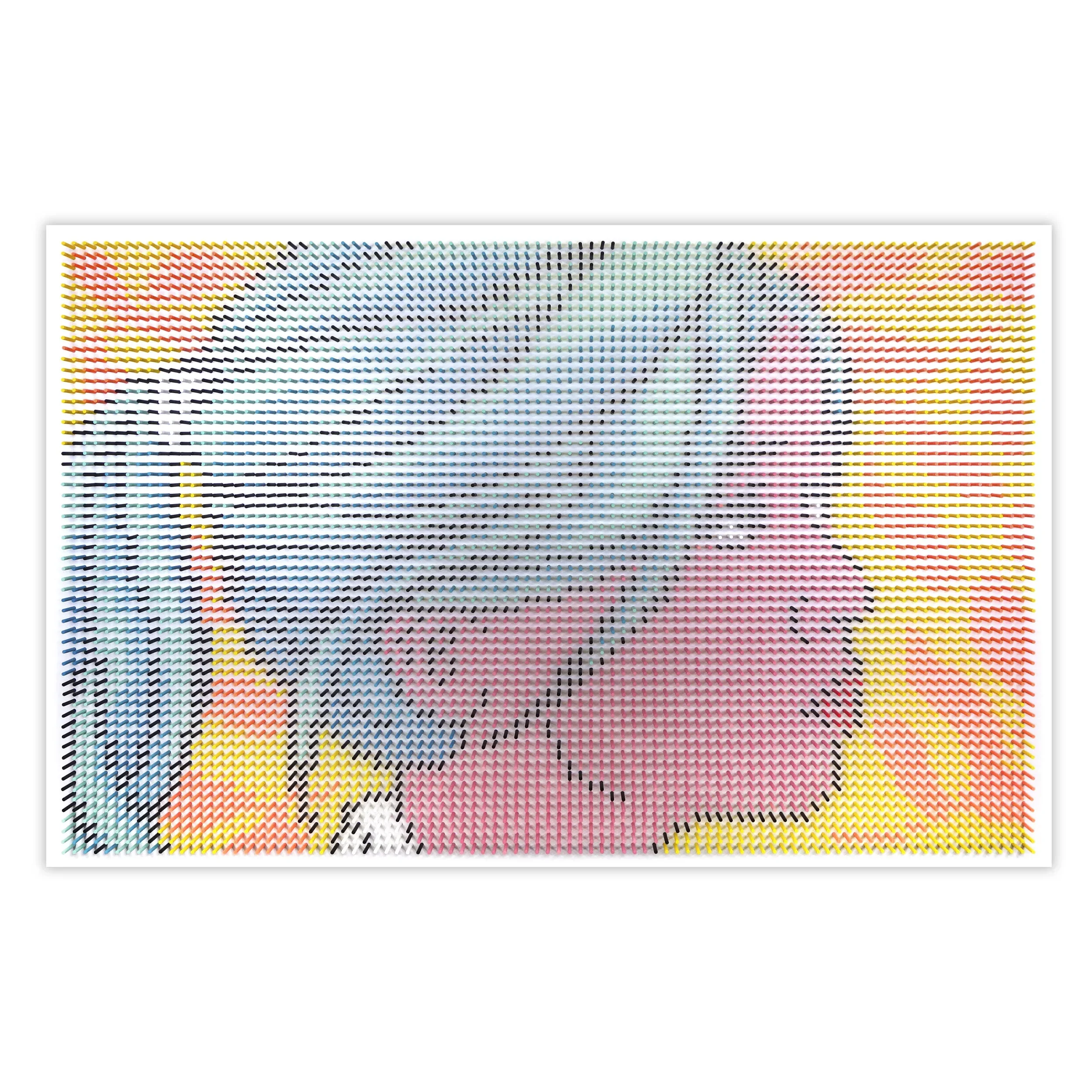 Portrait geometric wall sculpture made from painted wooden dowels by Matt Bilfield