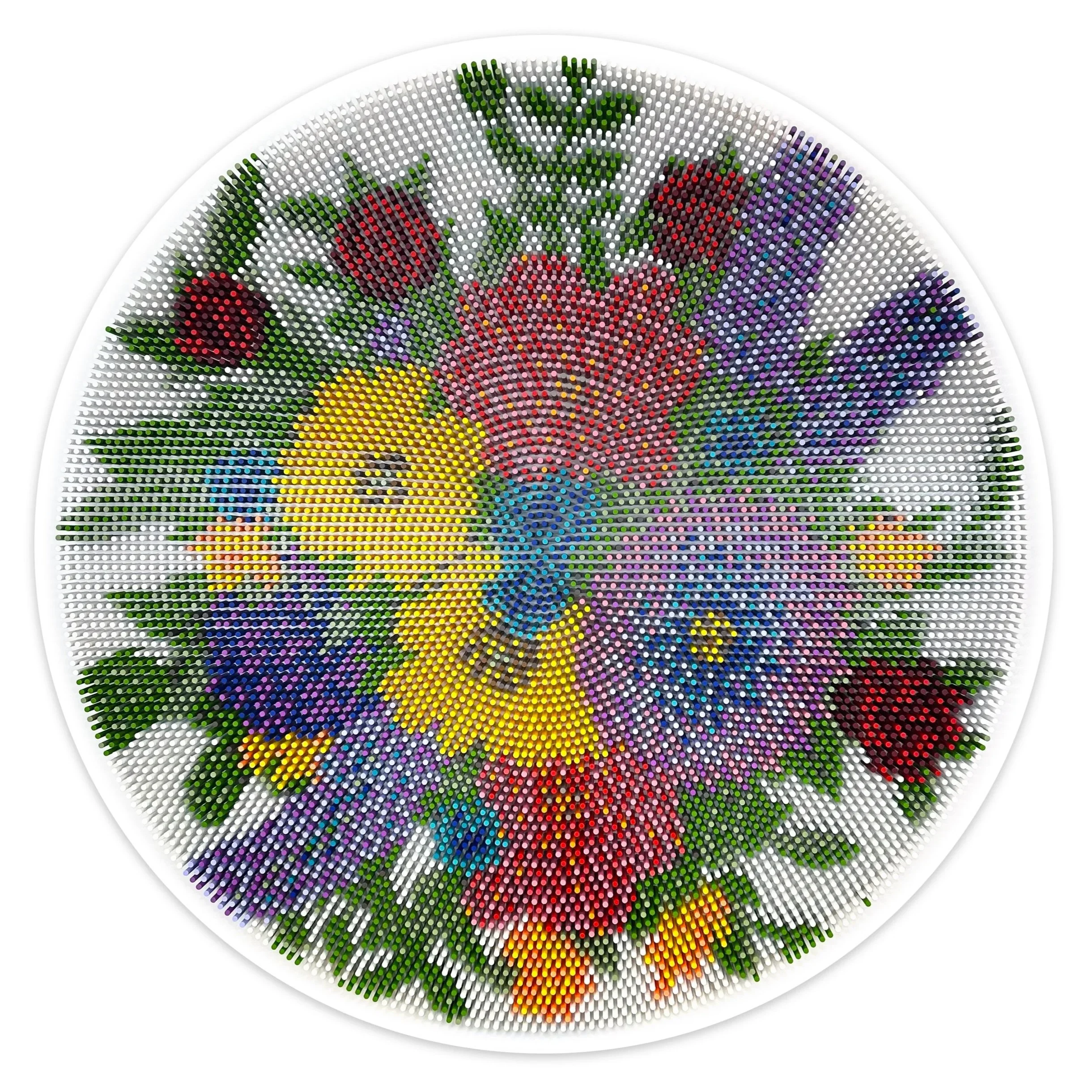 Floral geometric wall sculpture made from painted wooden dowels by Matt Bilfield