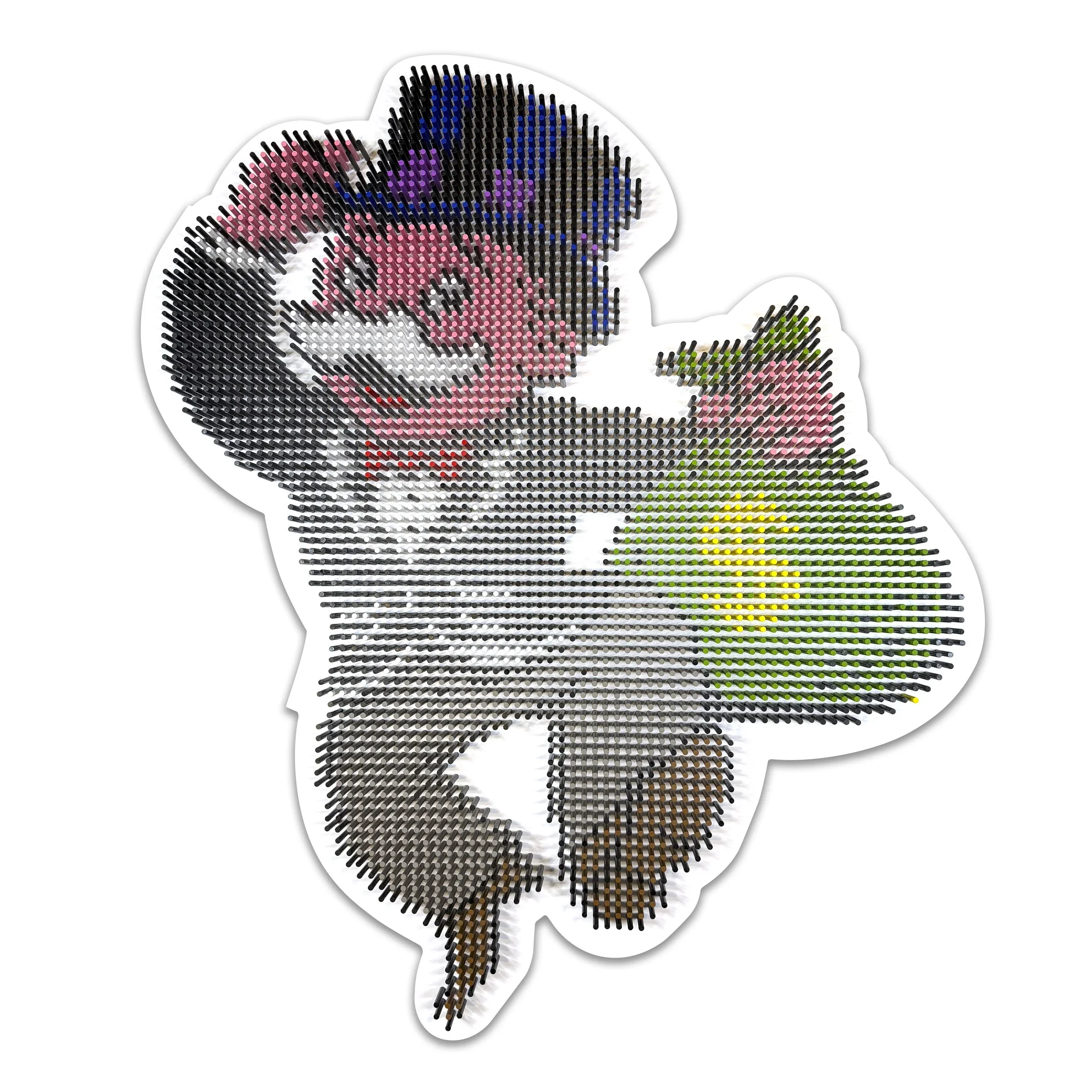 Representational pop art geometric wall sculpture by Matt Bilfield made from painted wooden dowels