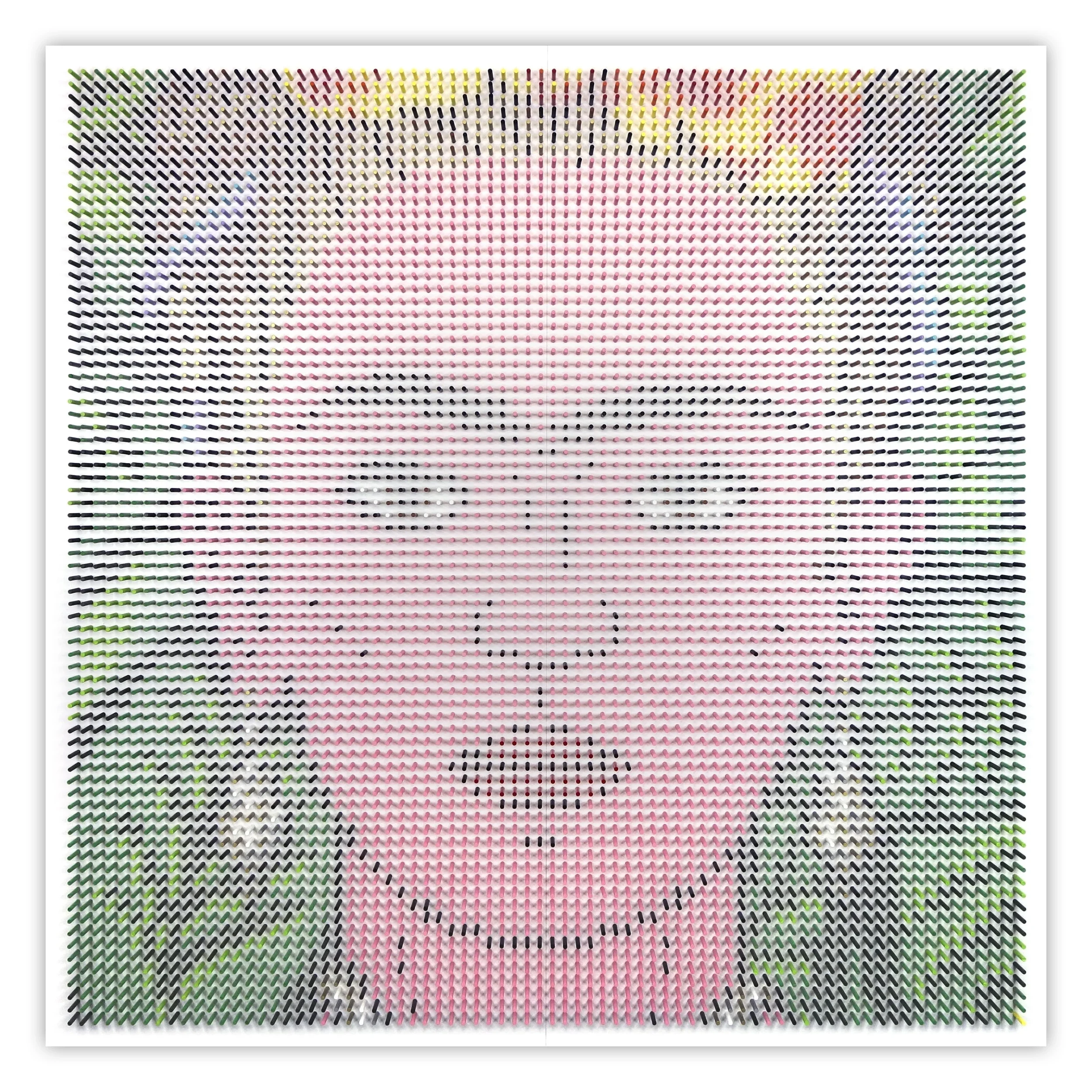 Portrait geometric wall sculpture made from painted wooden dowels by Matt Bilfield