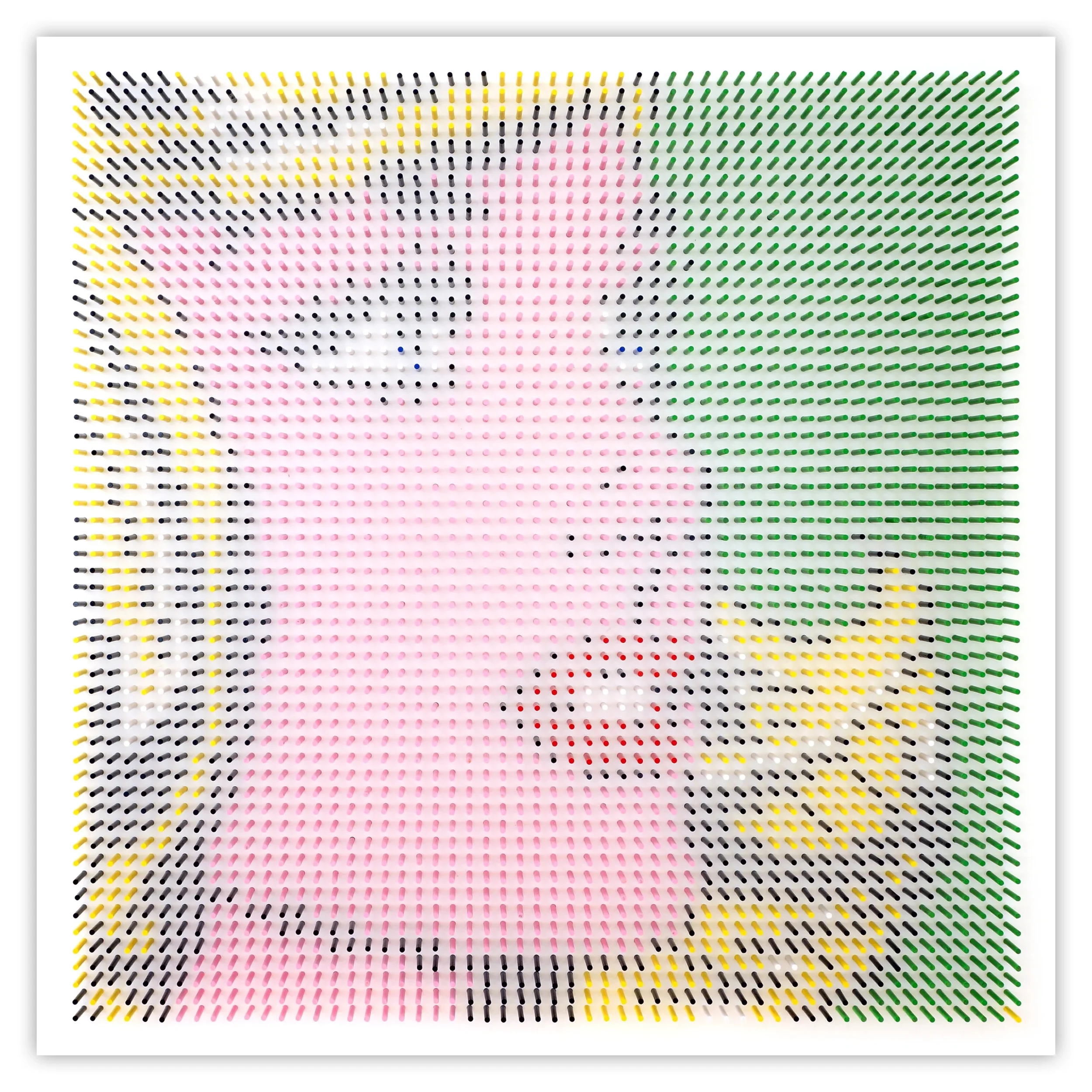 Pop art geometric wall sculpture made from painted wooden dowels by Matt Bilfield