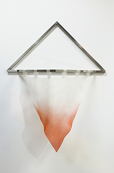 Peripheral Omen , Welded and Hand Polished Stainless Steel, Silk Organza, Dye, 26” x 79”x 20”, 2017