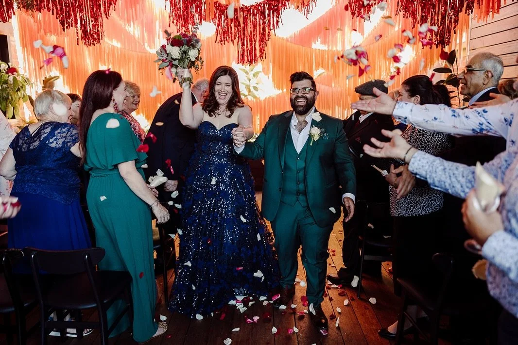 Who said the bride had to wear white?!

Erin &amp; Andrew 🥂 

Photographer: @jessemather_weddings 
Celebrant: @preciouscelebrations
Band: @vaudevillesmash
Dress: @bariano
@banginhangins