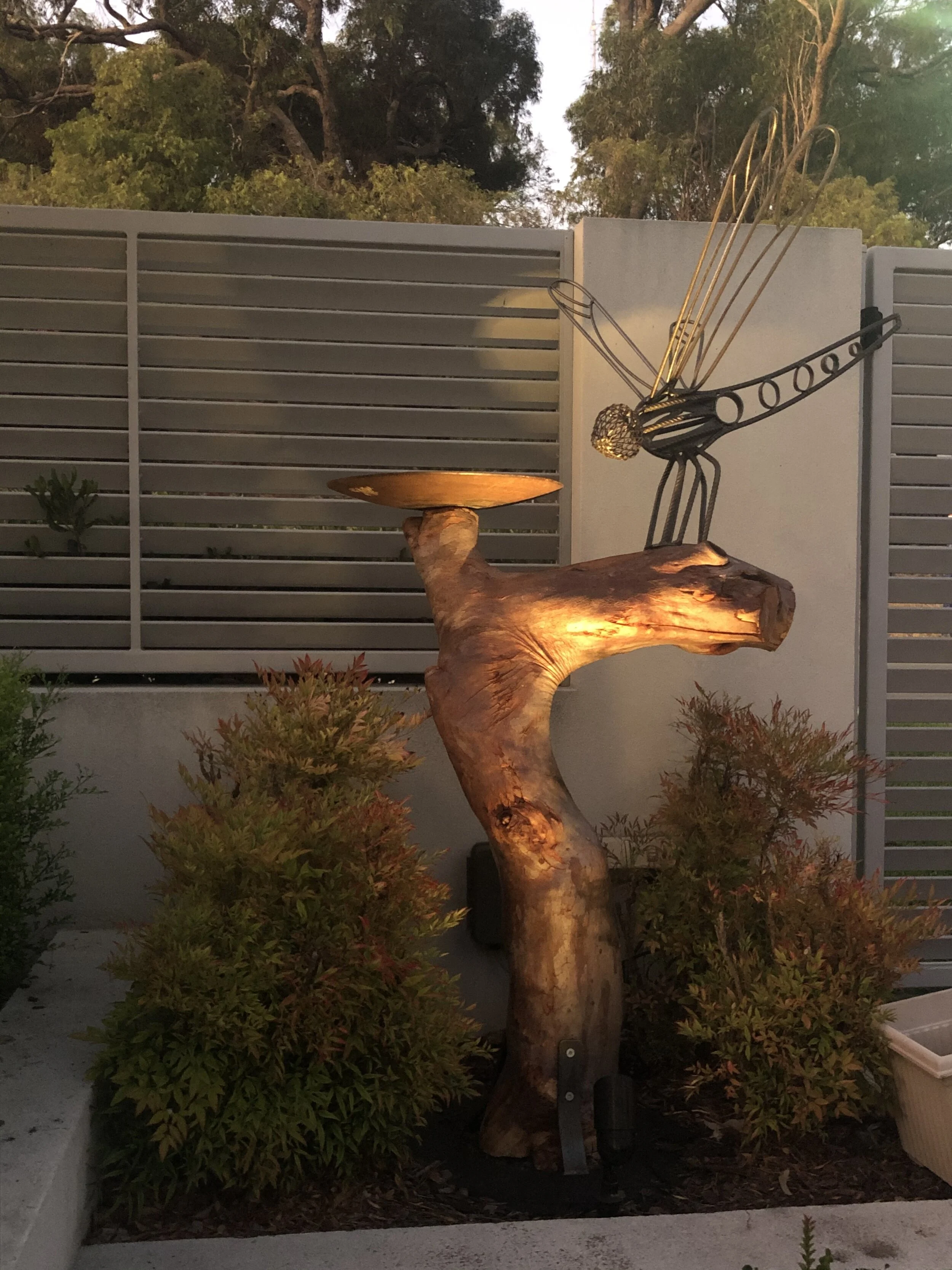 Birdbath with dragonfly