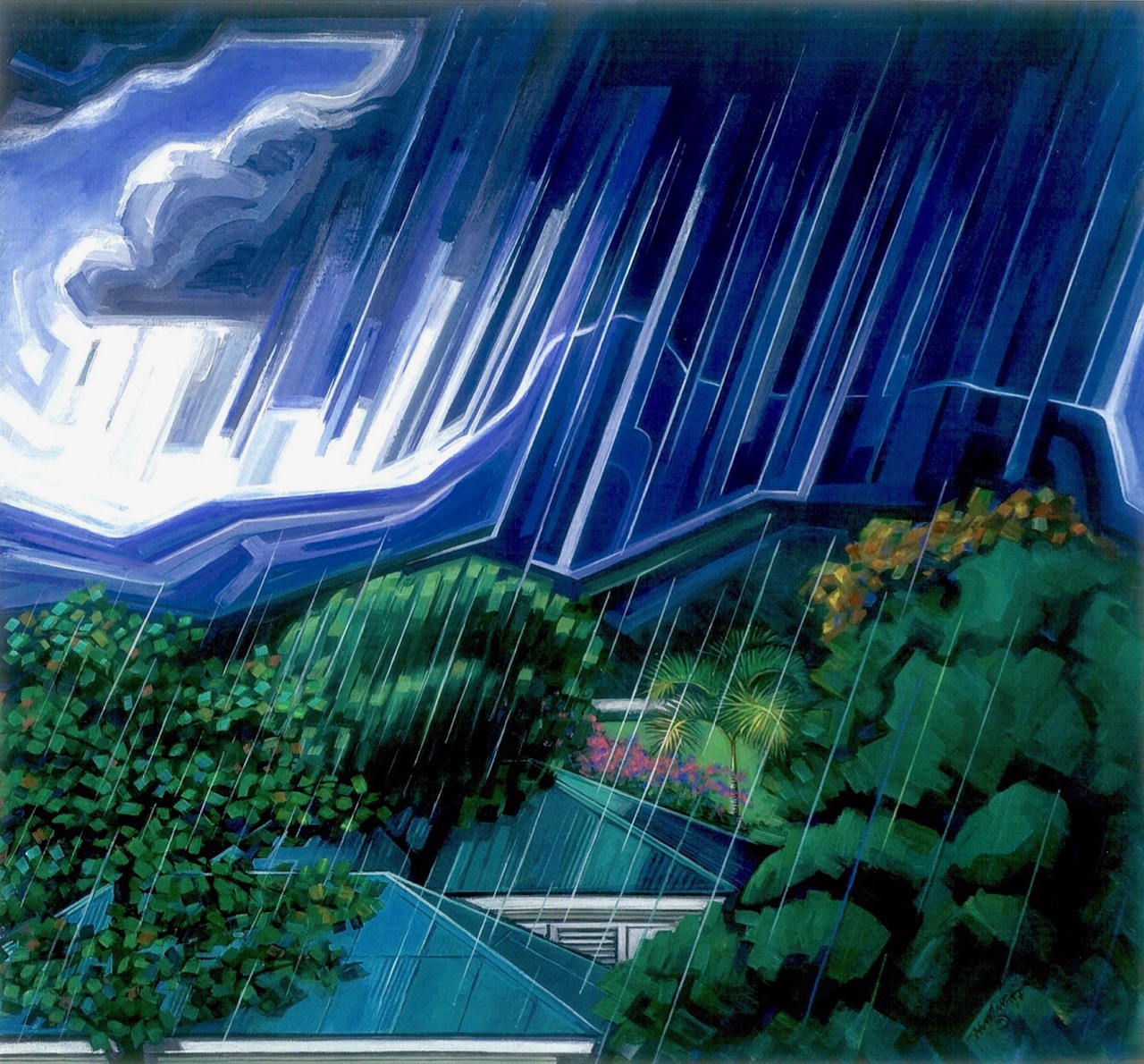 Homar, Lorenzo. Aguacero sobre El Yunque, llovizna en Miramar. Acrílico sobre Lino, 24" x 26", 1997, Colección Reyes Veray.