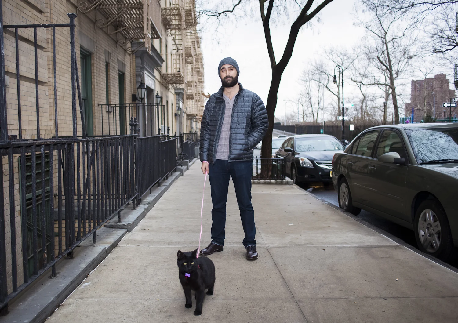 Brian taking his kitty R2-D2 for a little stroll in New York