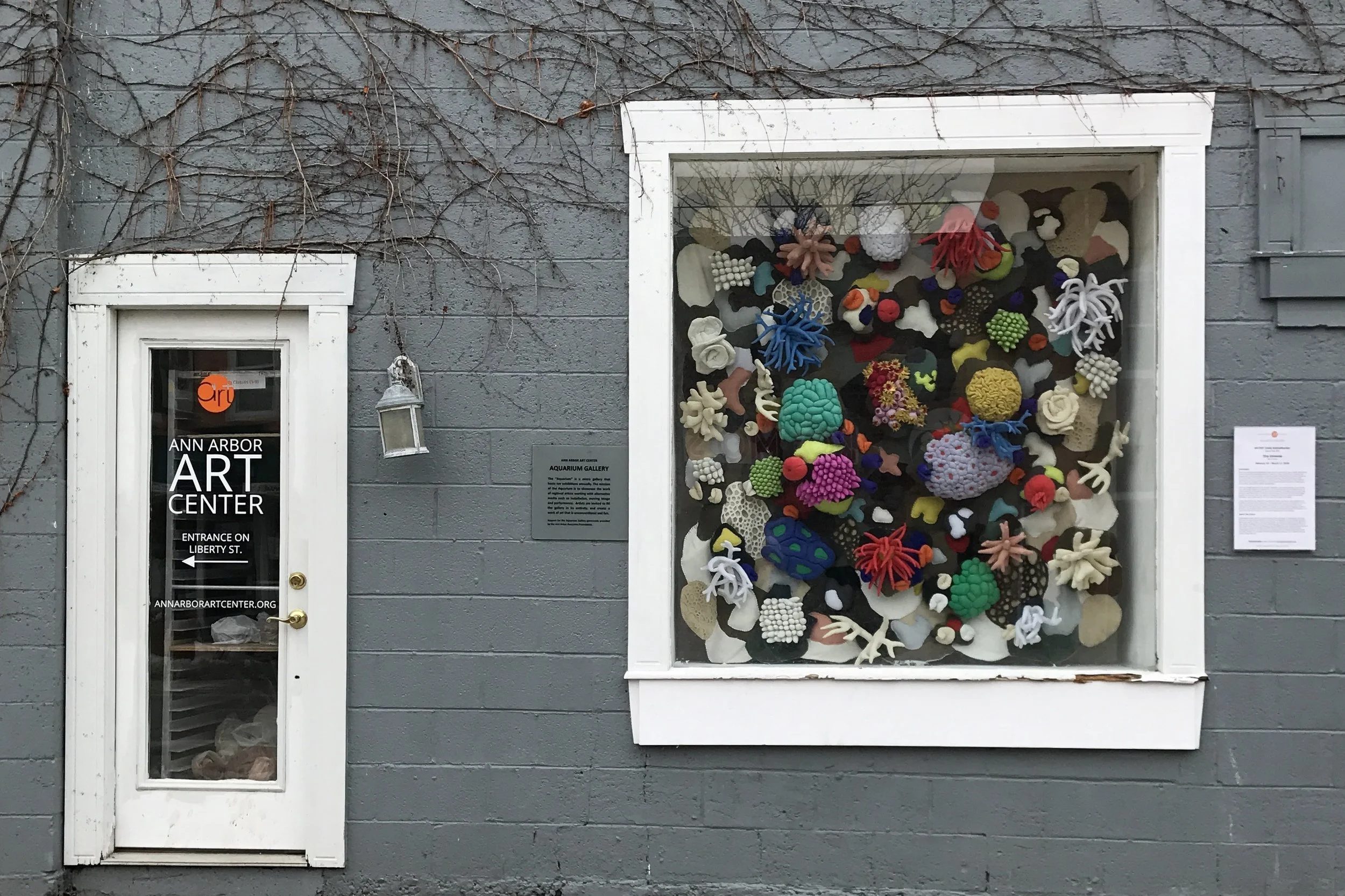 "Tiny Universe" is a 72" x 72" x 30" site-specific installation made of hand and machine sewn soft-sculpture. On display at the Ann Arbor Art Center's Aquarium Gallery in Ann Arbor, MI February 18th - March 17th 2018 More information here .