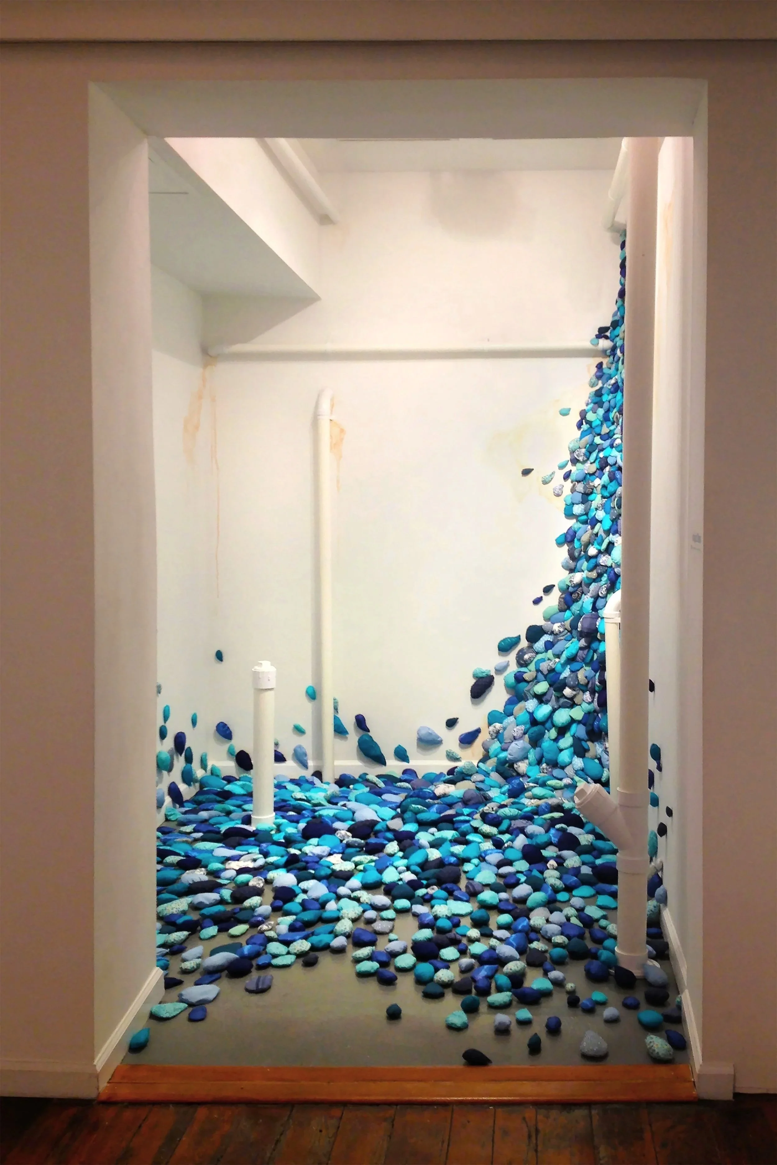   Fall    Fabric, fiberfill, paint, and PVC piping  10'6" x 8'9" x 9'9"  2013  Site-specific Installation for Pentimenti Gallery's " 'Global Conscious, Local Artists', a group show of contemporary works inspired by today's current issues, dealing wit
