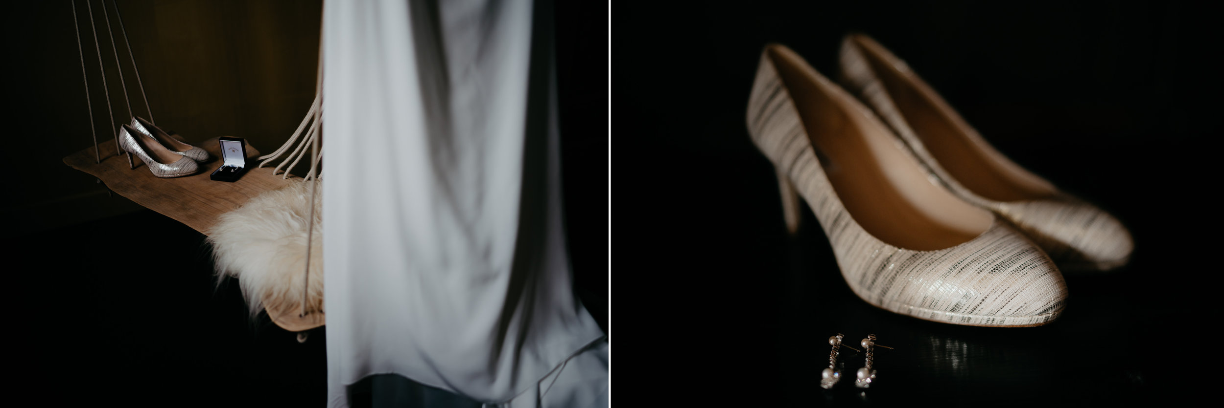 wedding photography details shoes earrings and ring dress