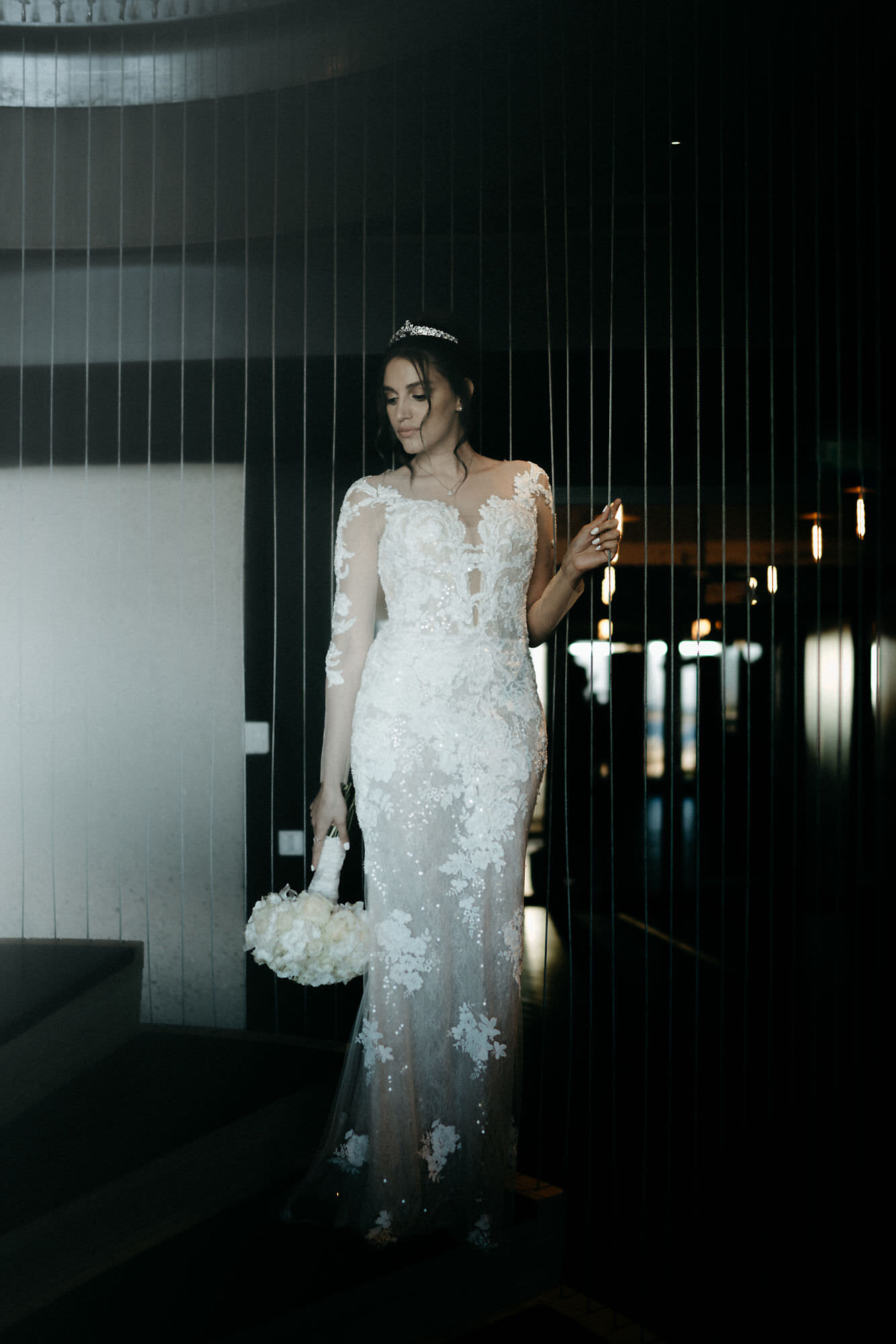 bridal portrait in the adam toren loft stairs by mark hadden amsterdam wedding photographer