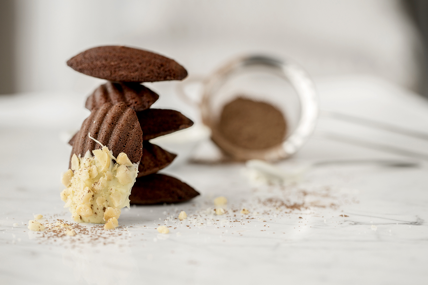 Chocolate Madeleines with white chocolate, crushed macadamia nuts and dusted with cocoa.