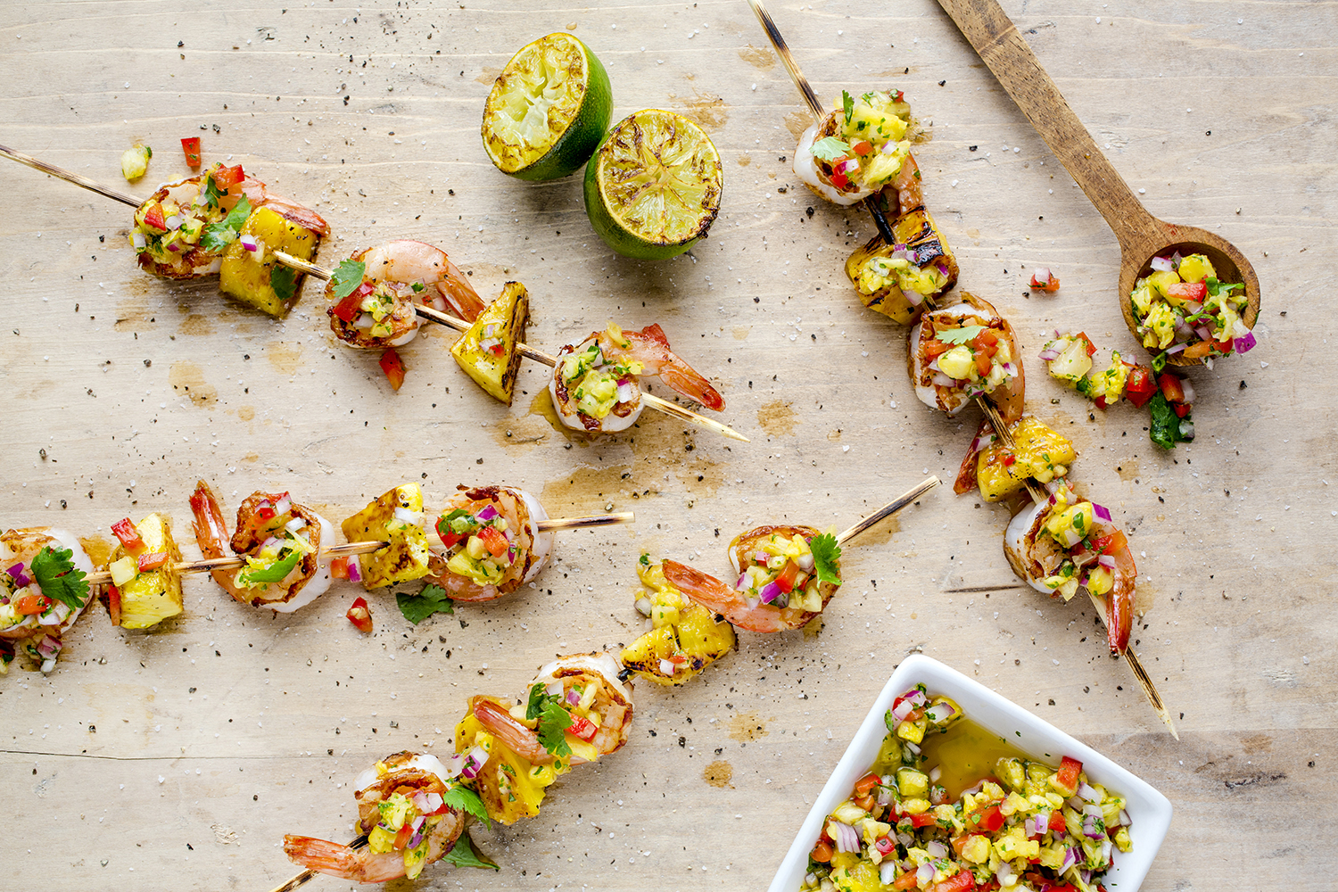 Grilled shrimp and pineapple with a red onion, pineapple and red pepper salsa.