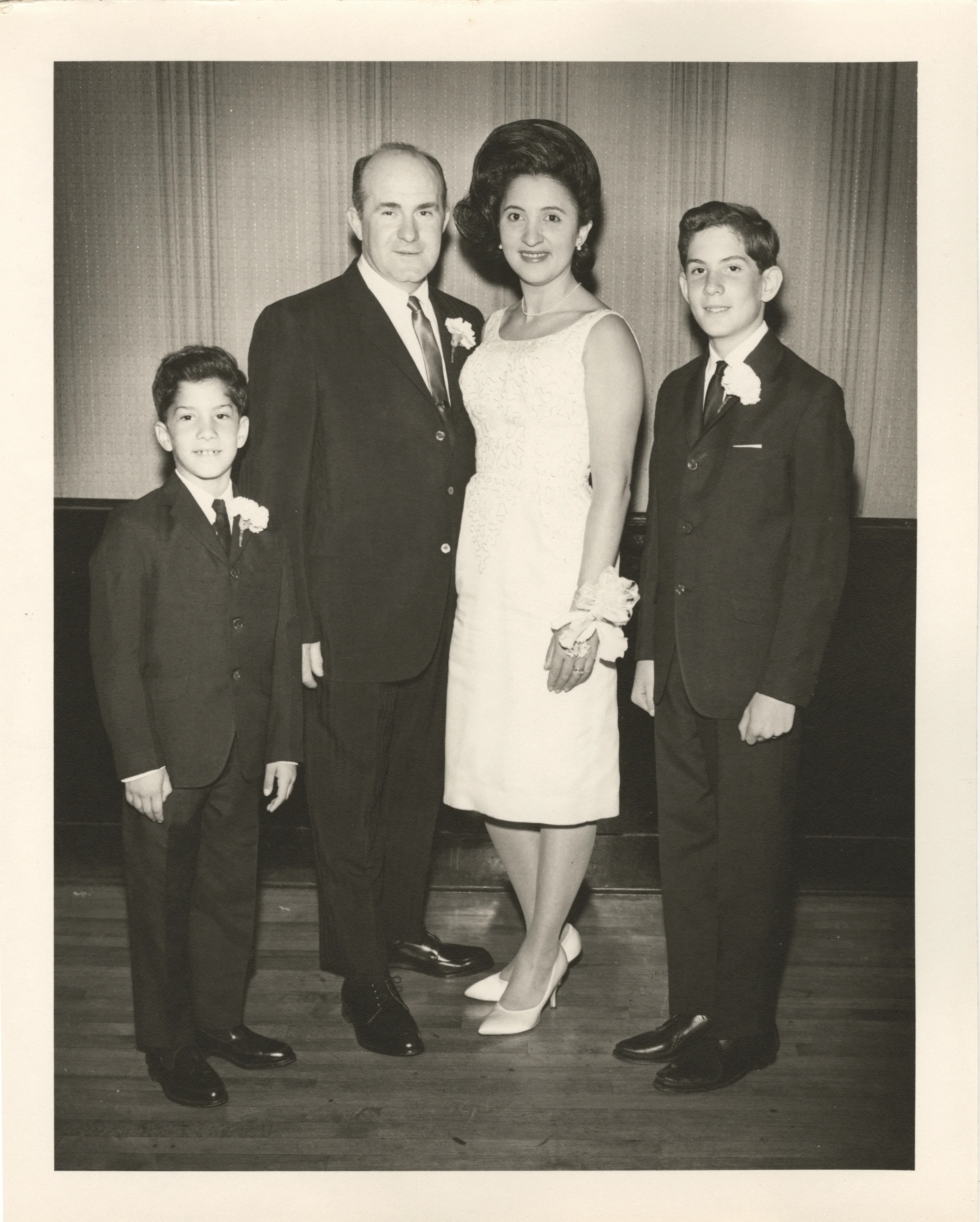 A family photograph at his Bar Mitzvah, featuring (L to R) my uncle, grandfather, grandmother, and father (1963).