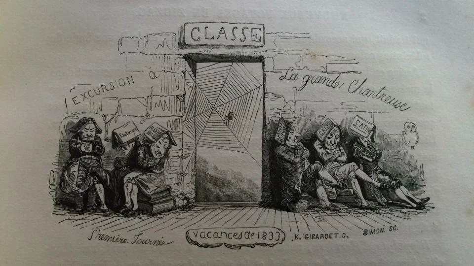 Figure 1: "Classe: Excursion a La Grande Chartreuse" from Töpffer’s Nouveaux Voyages en Zigzag (1) Textbook subjects (from left to right): Rhetoriqué, Algèbre, Géographie, Grec, Latin.