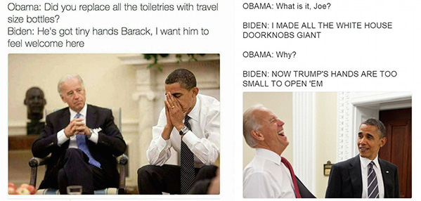  Random memes that are part of an on-going Biden-pranks-Trump series. We had to address the TINY HANDS! 