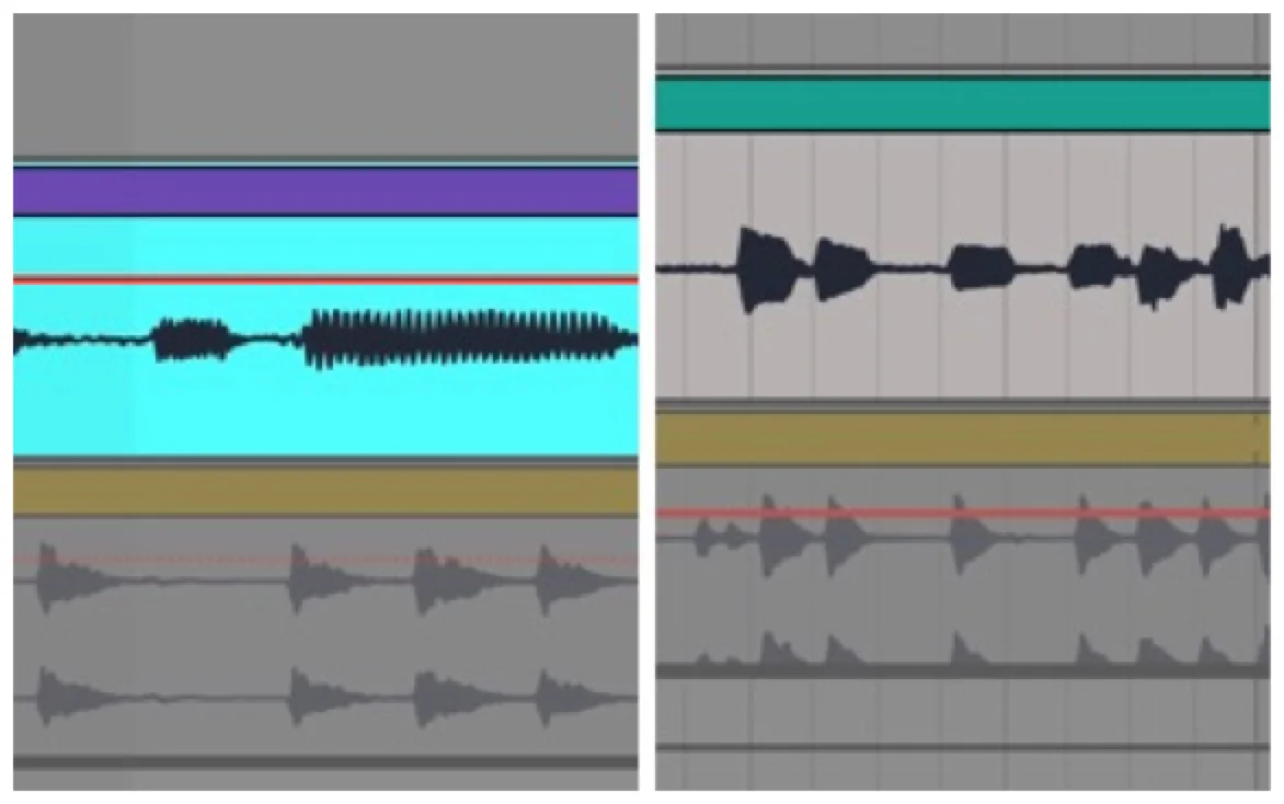 Screen Capture from Digital Audio Workstation Ableton Live showing waveforms from version one (left) and version two, revised (right) of Bill’s groove assignment.
