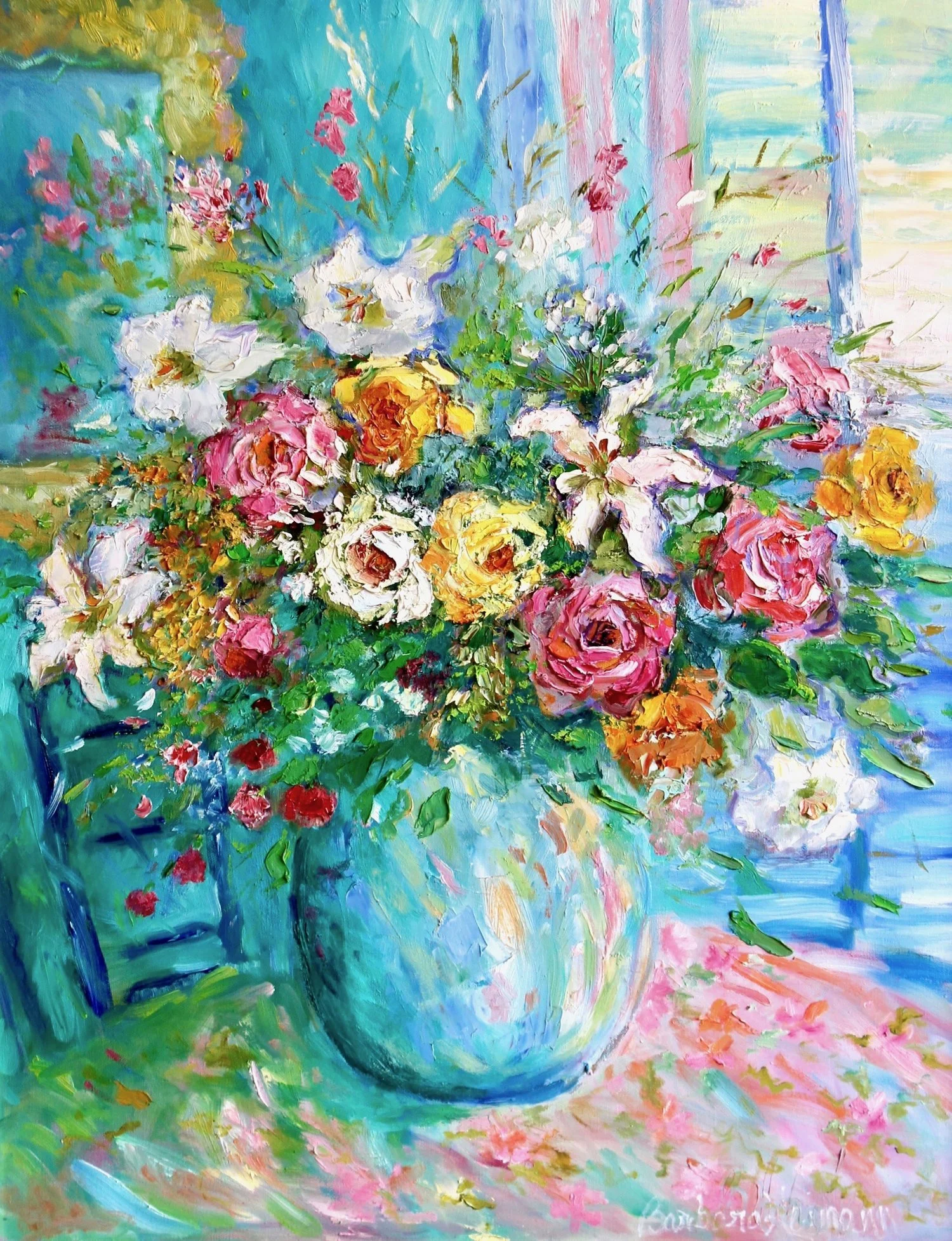 Barbara Heimann, Flowers in Teal Vase