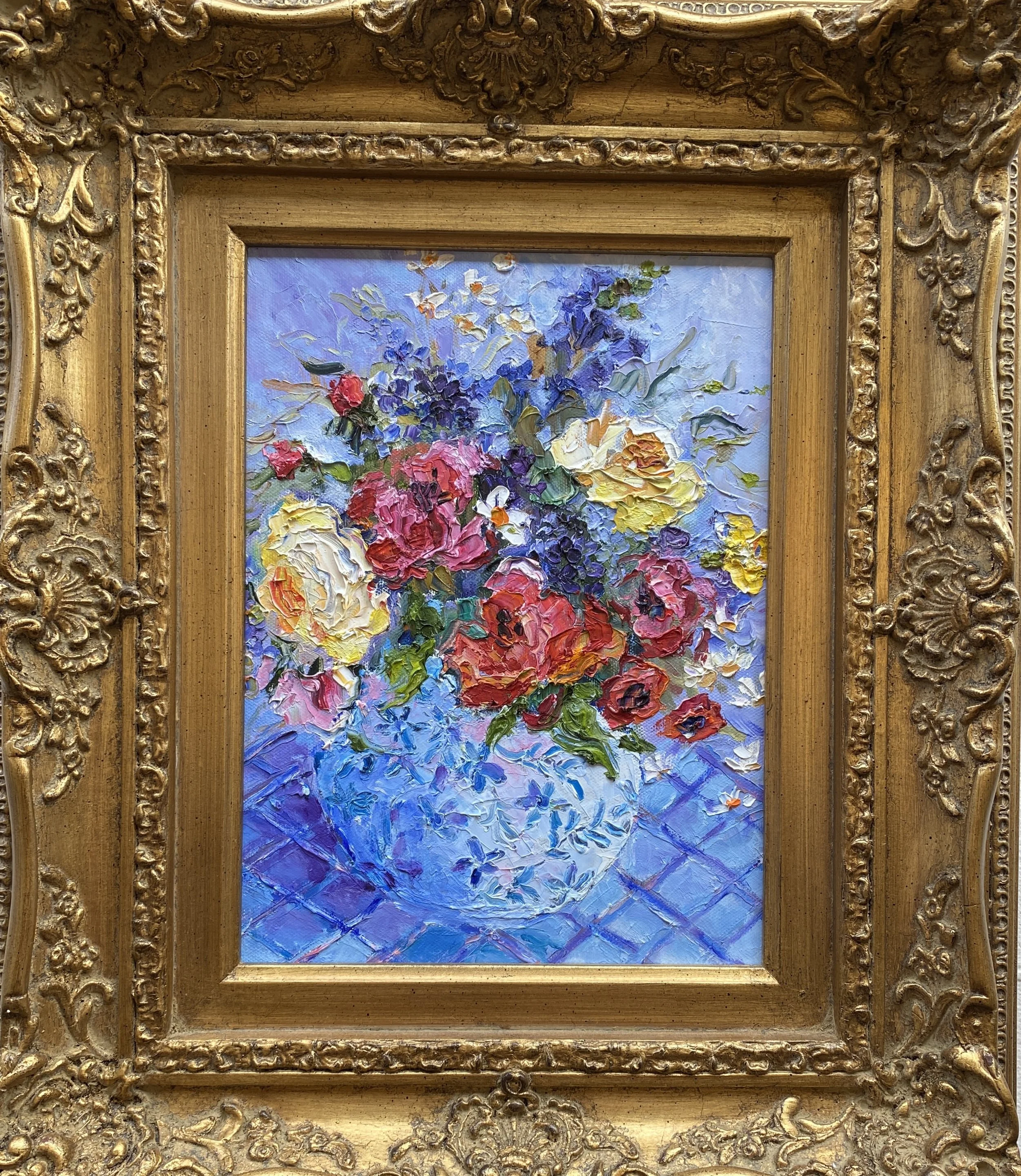 Barbara Heimann, Pink and Yellow Roses in Periwinkle Vase