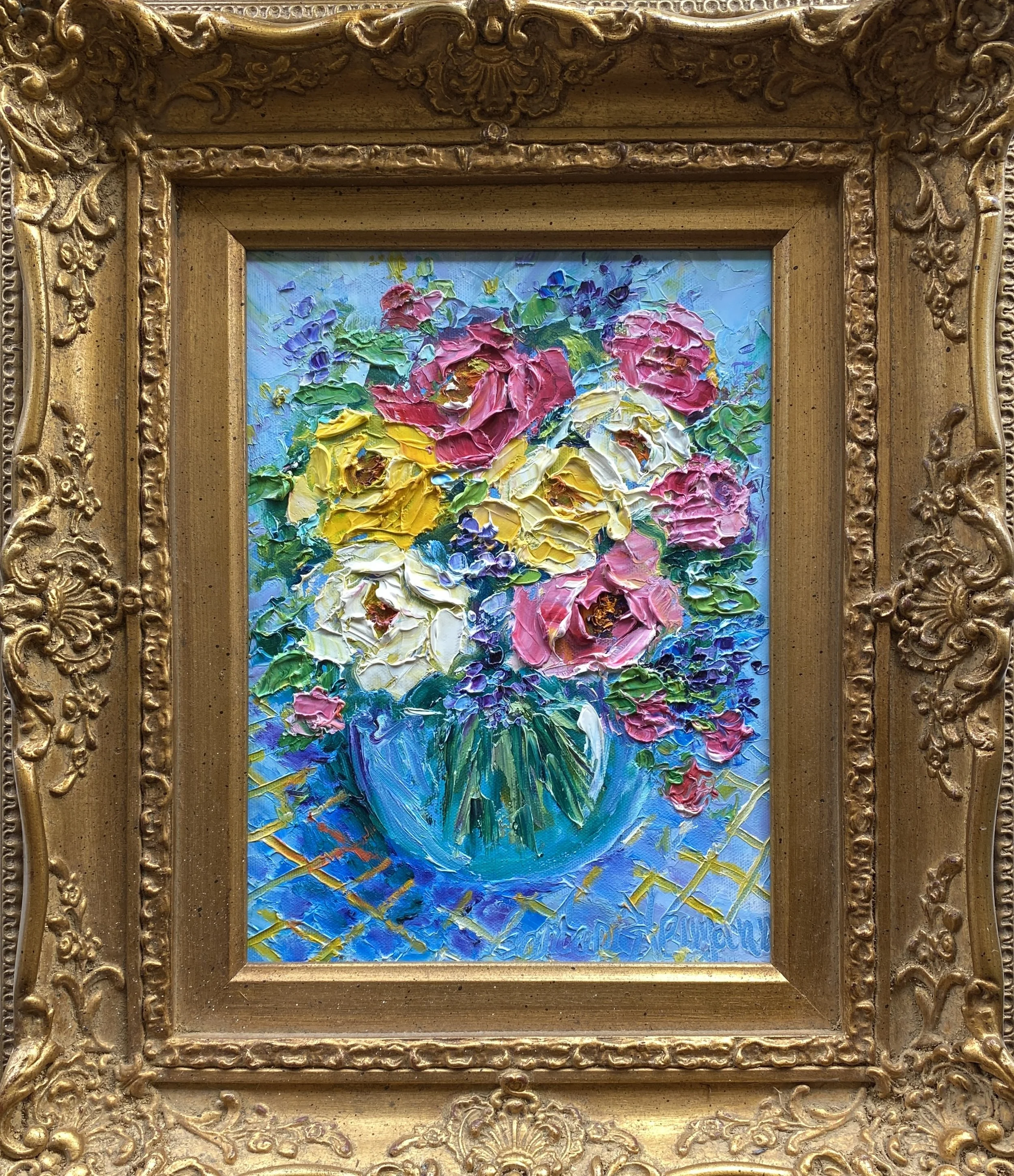 Barbara Heimann, Pink and Yellow Roses in Blue Vase