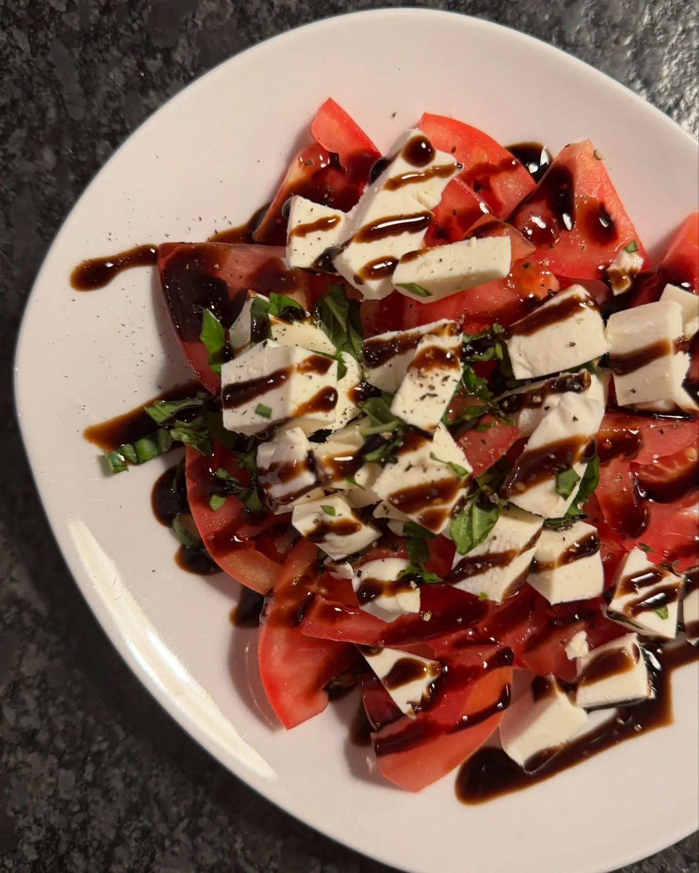 Summer plate on repeat:
Fresh tomatoes
Mozzarella
Fresh Basil
Balsamic Vinaigrette
Graza Olive Oil
Salt &amp; Pepper
