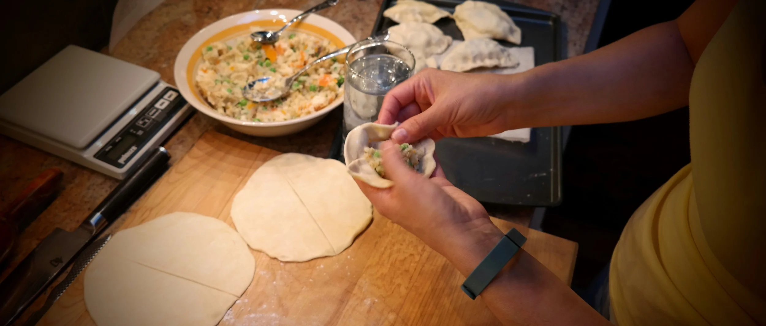 Fill, moisten edges and...