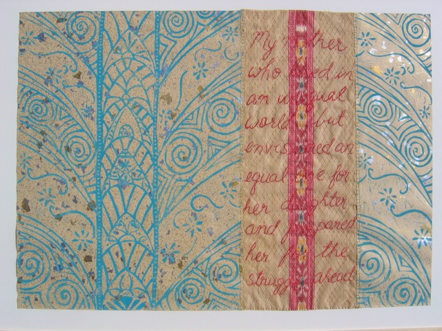 Breaking Barriers - Linocut on paper & text embroidered on silk, 24" x 33 1/2"