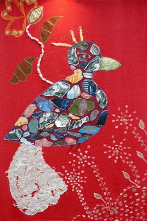 Chitta Reinvented I - Acrylic, mixed mediums with stitching on fabric hung as tapestry, 79" x 48"