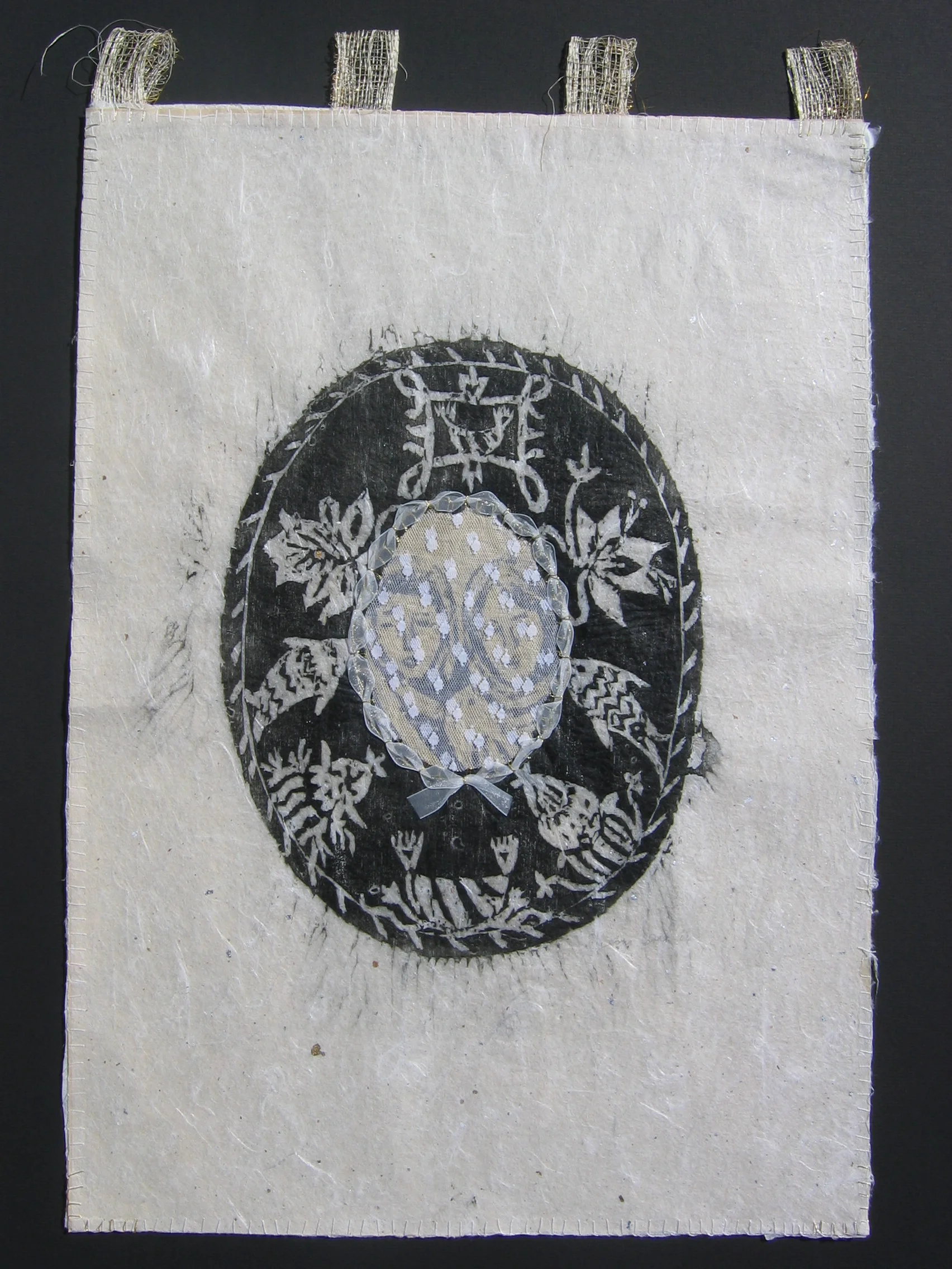Chilman/Veil - Woodcut with lace & embroidery, 27" x 17 3/4"