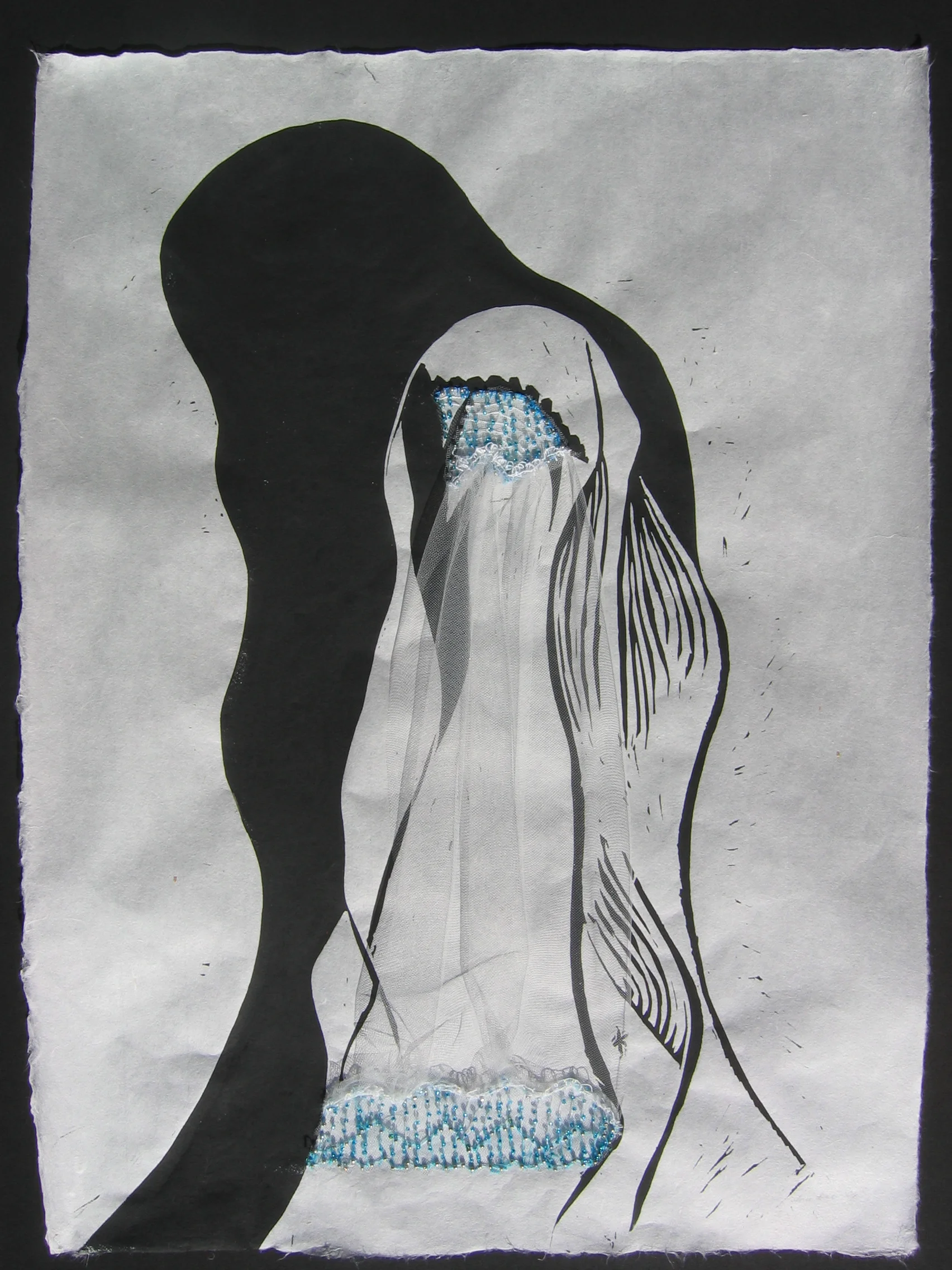 Living in "their" Shadow - Linocut with fabric & beads on paper 24" x 18"