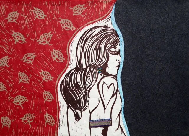 "Dream I Must" by Anu Das, two-color linocut with mixed mediums, 18" x 25"