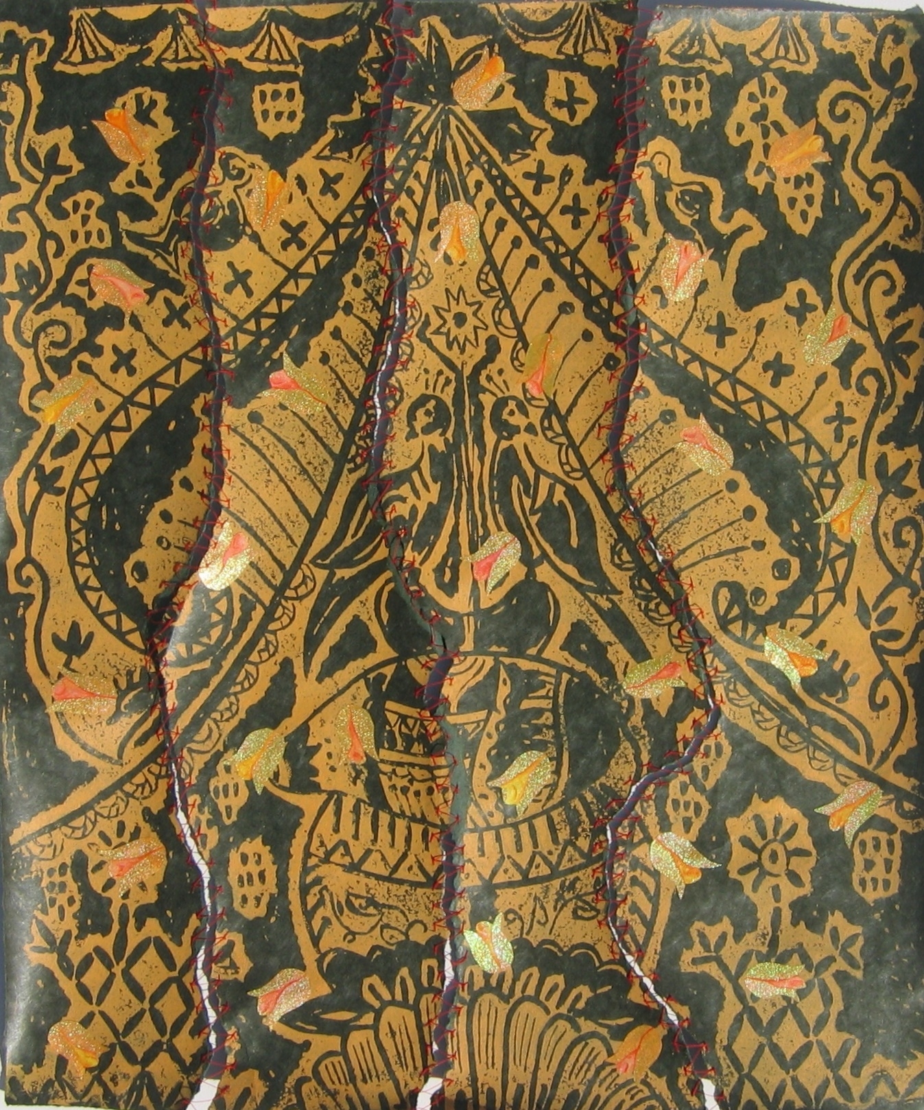 Ravaged - Linocut with collage, acrylic & hand stitching on paper, 20" x 24"