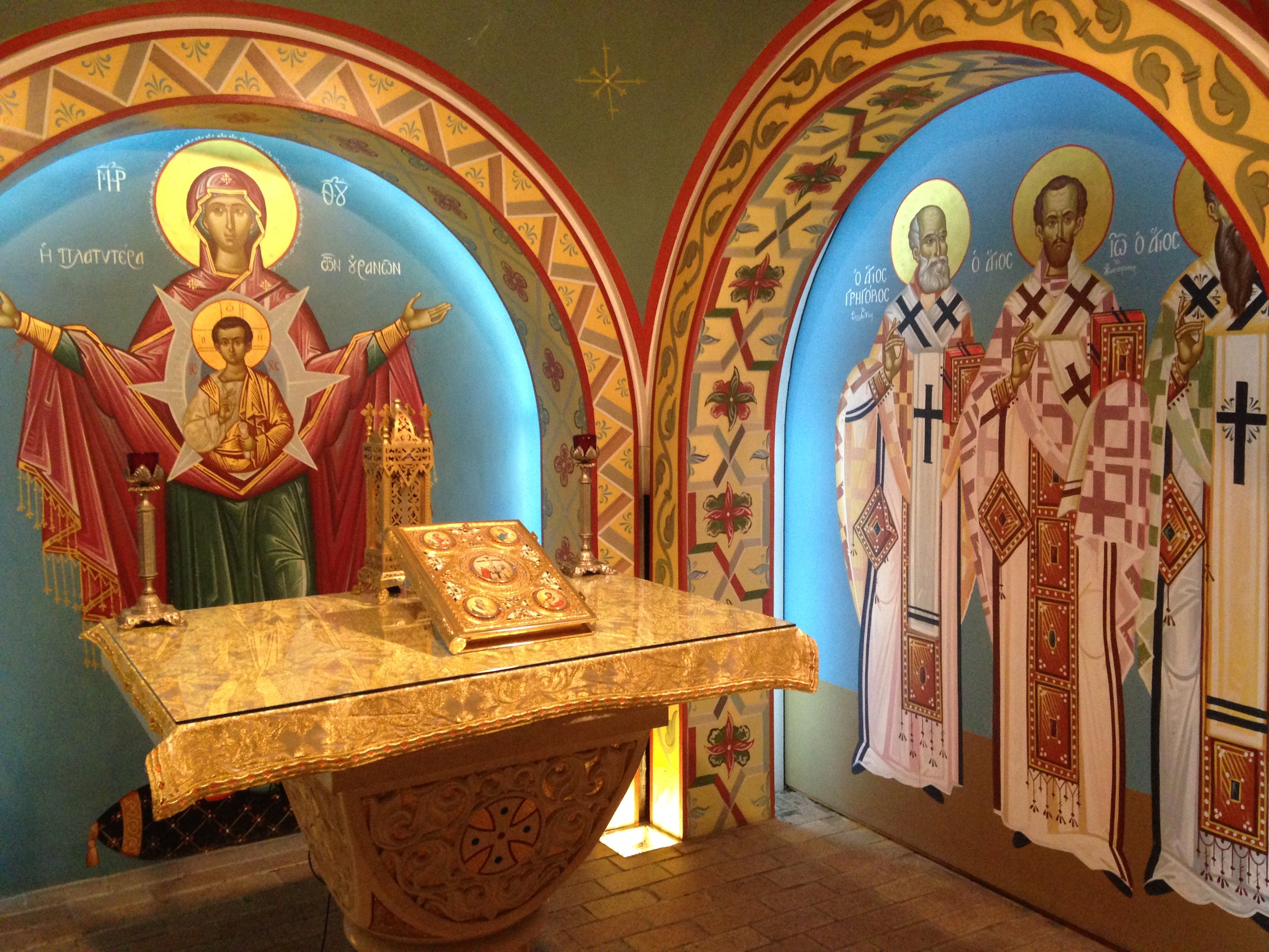 The chapel, featuring Byzantine-style gold-leaf highlighted frescoes, at the Greek Orthodox National Shrine of St. Photios, St. Augustine, FL. 
