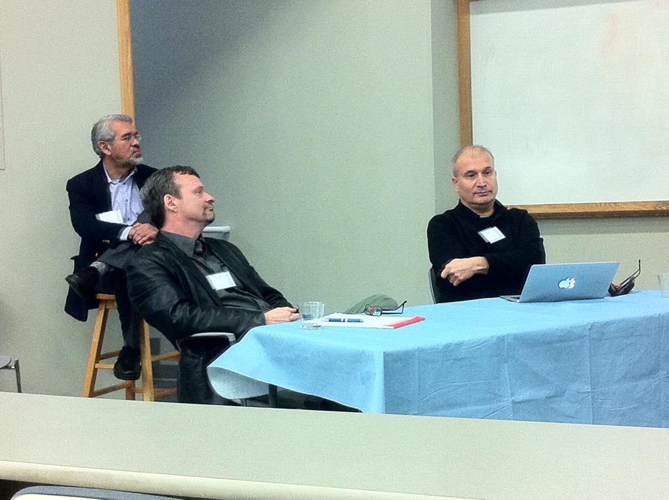 Dr. Manuel Vásquez, Dr. David Morgan, and Dr. Dragan Kujundzic listen as Dr. Sid Dobrin presents his angle on religion, interpretation, and the digital age. 