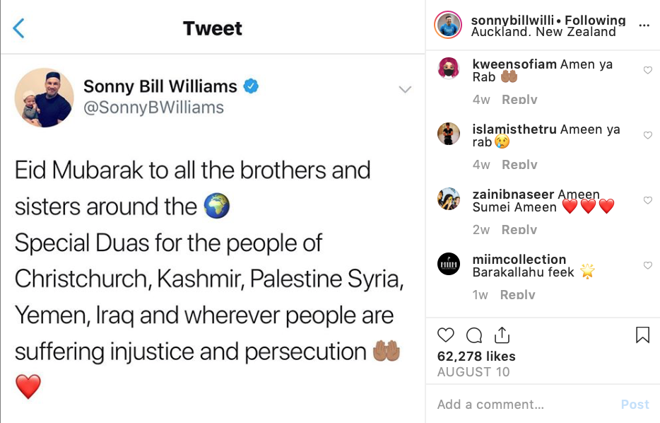 Sonny Bill Williams posts Eid greetings in the spirit of solidarity with fellow Muslims across the world (PHOTO: @SonnyBWilliams)