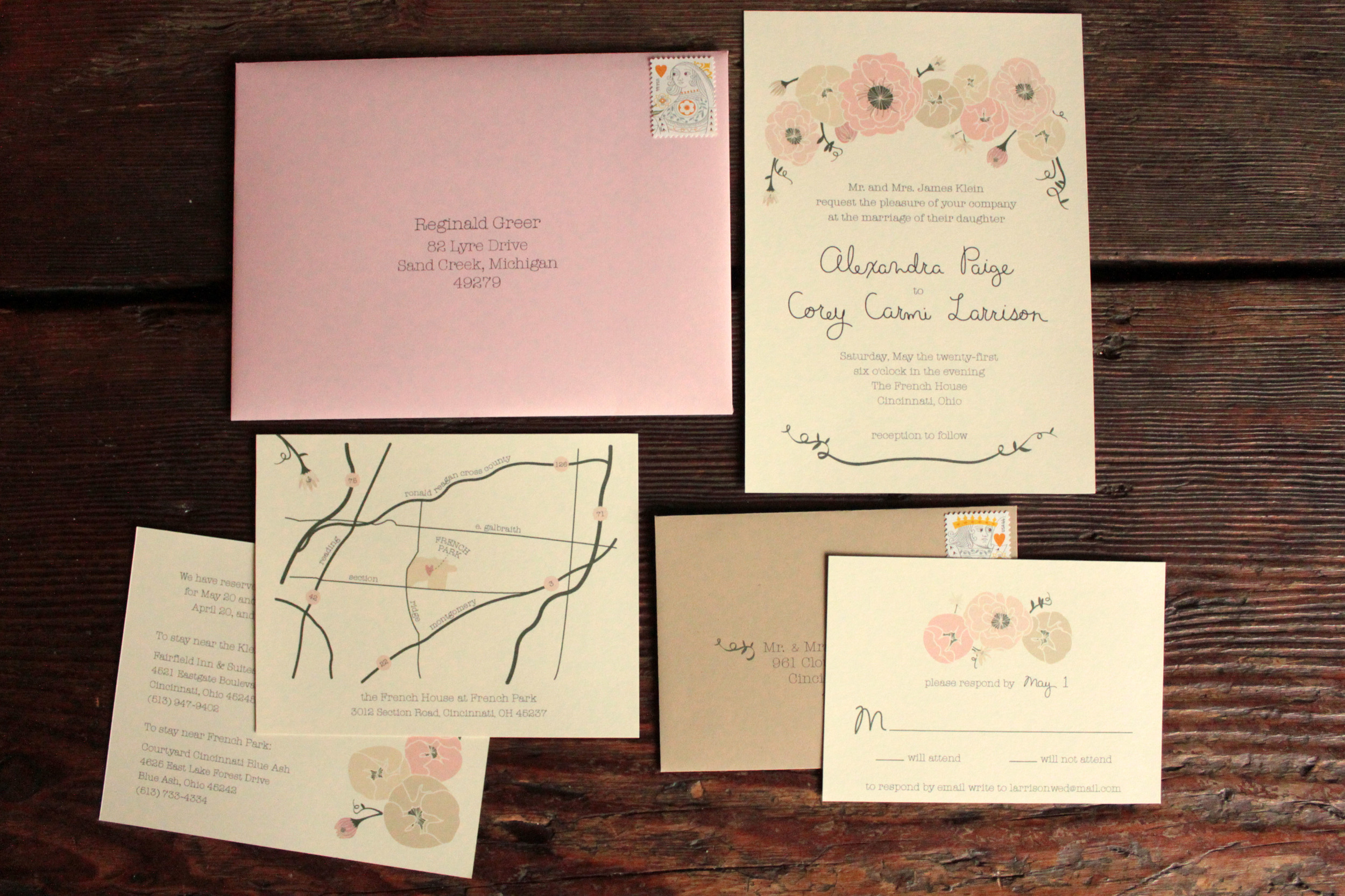  Image of a wedding invitation suite featuring an invite card, information card, and RSVP card 