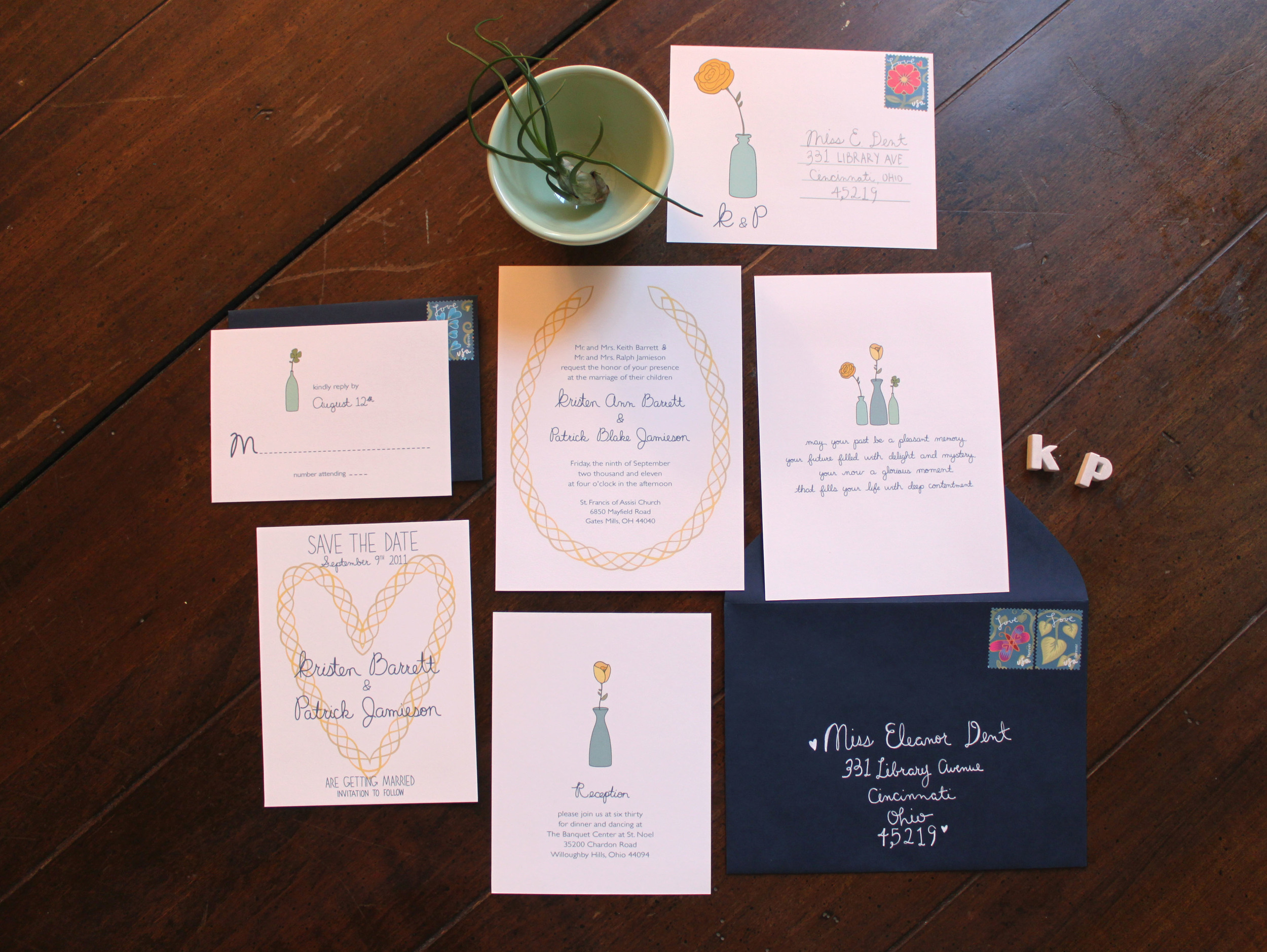  Image of a wedding invitation suite featuring a save the date card, invite card, and RSVP card 