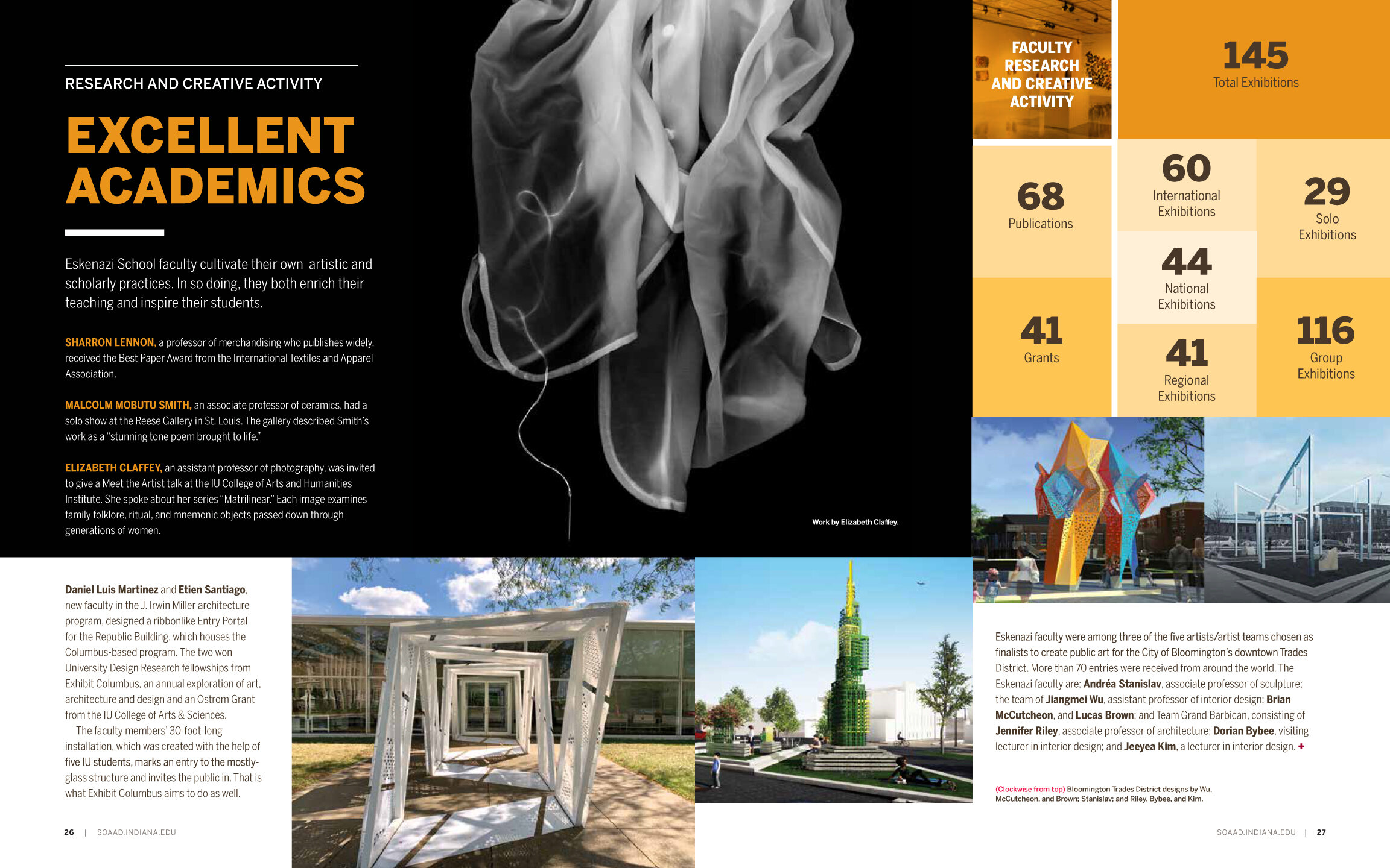  Image of interior spread of 2018-19 Eskenazi School annual report featuring information and images of faculty creative activity and research 