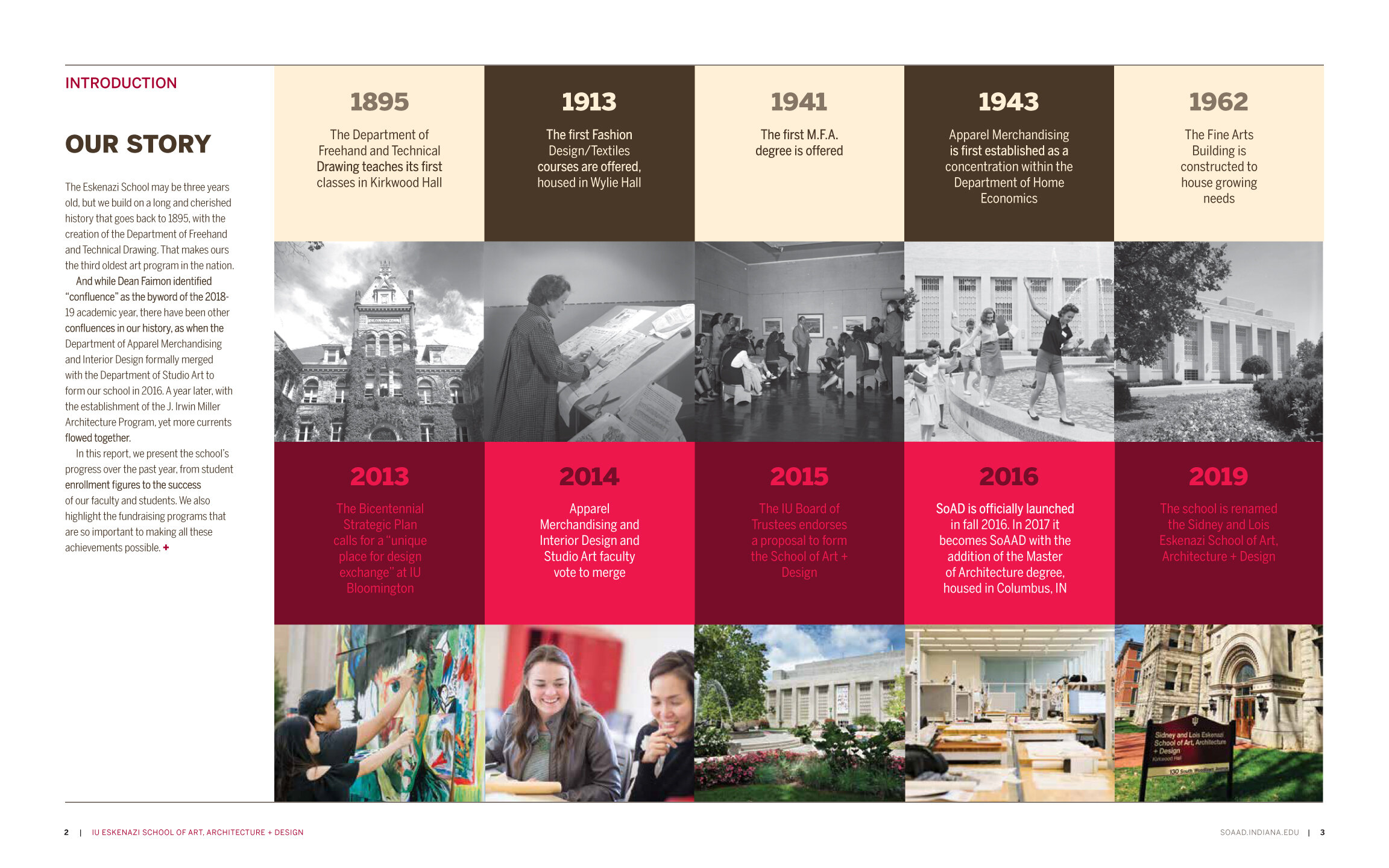  Image of interior spread of 2018-19 Eskenazi School annual report featuring information and images of portraying the history of the school 