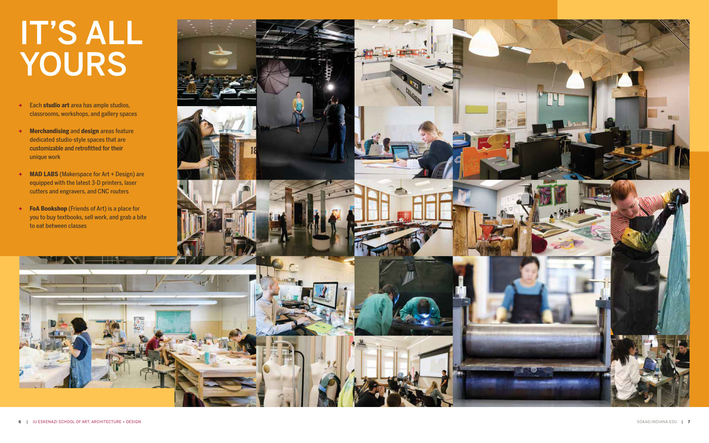  Image of interior spread of 2019-20 Eskenazi School viewbook featuring information and images of facilities and spaces 