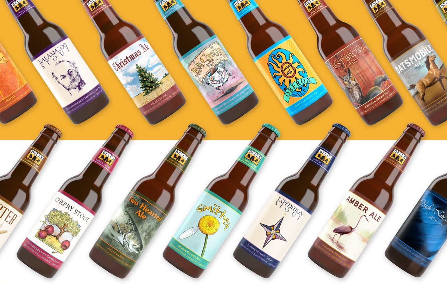  Image of variety of beer brand designs on 12 oz. bottles 