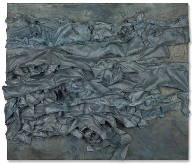 Dover Beach . Fabric, graphite, oil, and encaustic on panel, 2016. 31 x 36 inches.