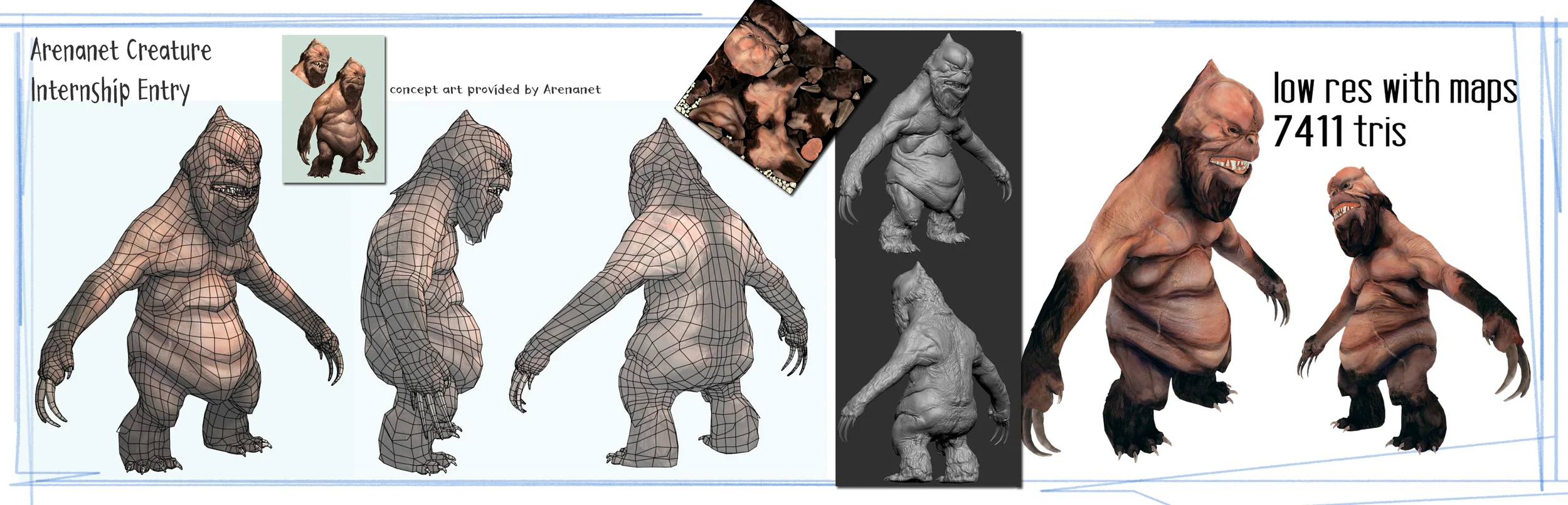  Arenanet Internship entry. Create a game model with appropriately sized diffuse, specular, normal, and alpha maps. 7411 tris. Maya, zBrush, and Photoshop. 