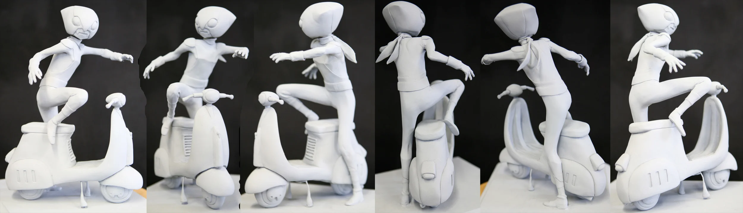 Character design by Derek Land. Maquette created for animated series pitch ‘Kamen Kid’. Polymer clay. Removable moped!