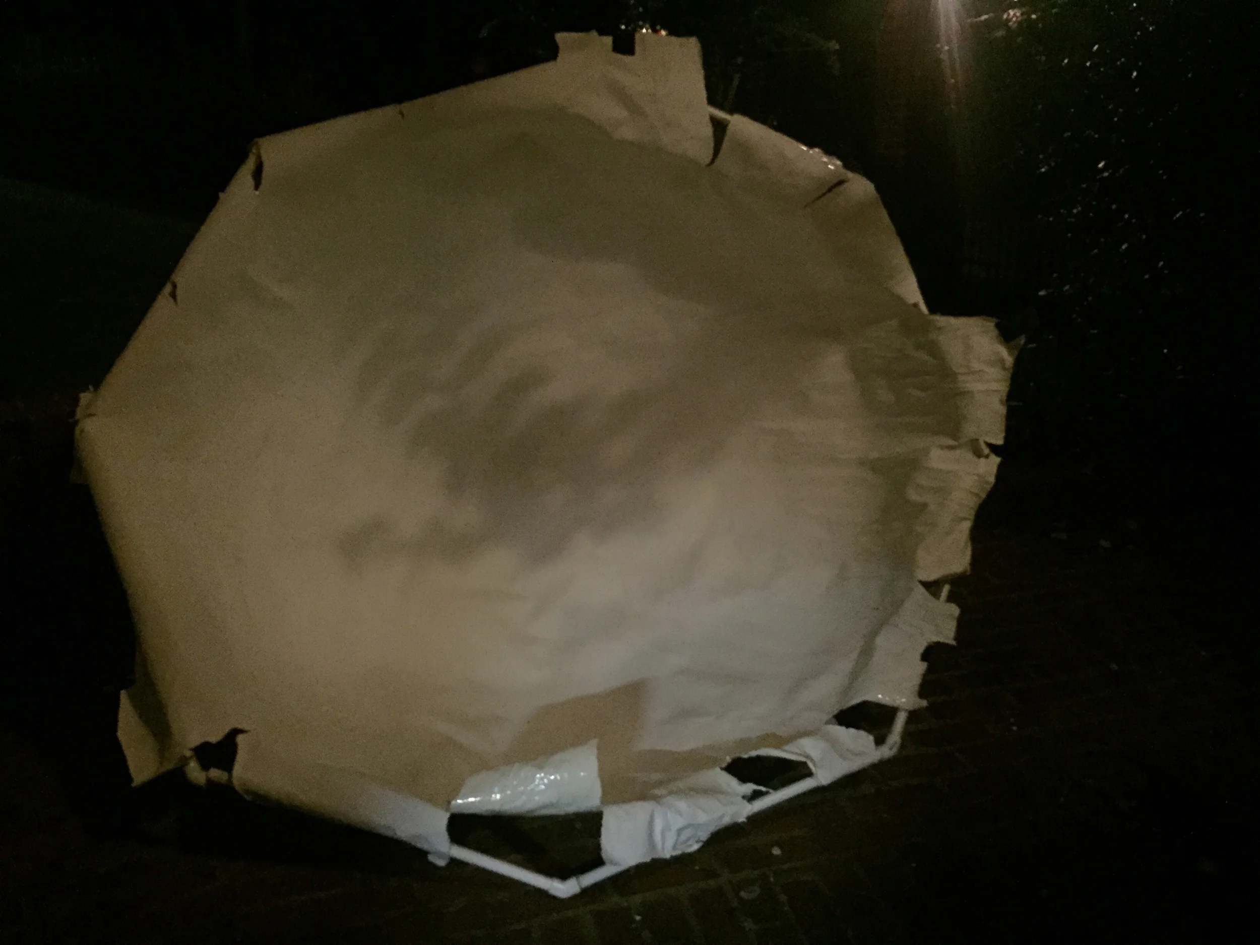 I tried attaching the StyroSpray dome to a PVC frame, just to experiment with. The biggest problem is, the danged smell of the stuff lingered for over a week, it was too strong to bring inside The once perfect interior of the bubble did get weathered and wrinkled.