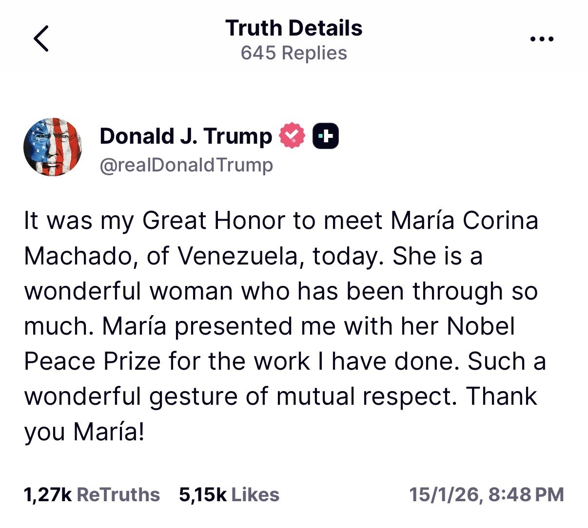 Trump califica a María Corina Machado de “mujer maravillosa” y agradece el gesto simbólico de entrega del Premio Nobel de La Paz