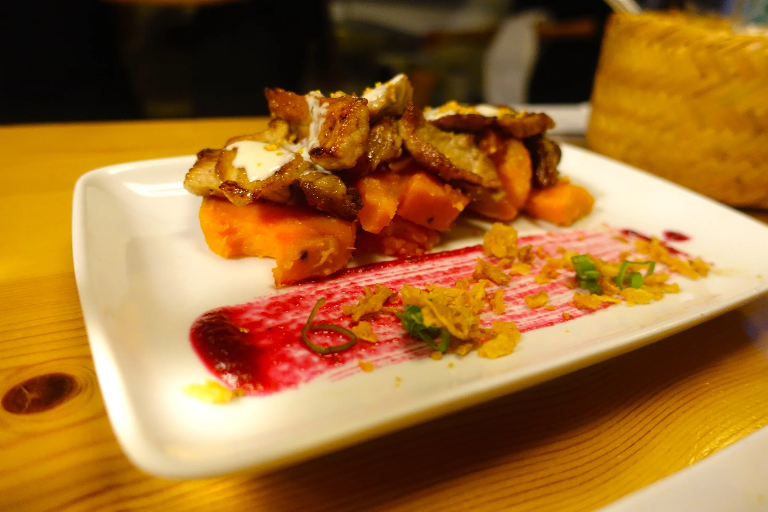 Pork chops, sweet potatoes and cranberry glaze @ La Brunilda
