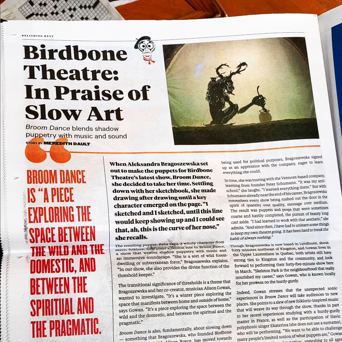 Some slow news in the Skeleton Press! Thank you @skeletonparkartsfest for putting Birdbone in the paper and @meredithdault for a lovely interview. 📰

#BirdboneTheatre #BroomDance #BringingTheArtsToLife #SkeletonPress #ygkarts #ygknews #ygk