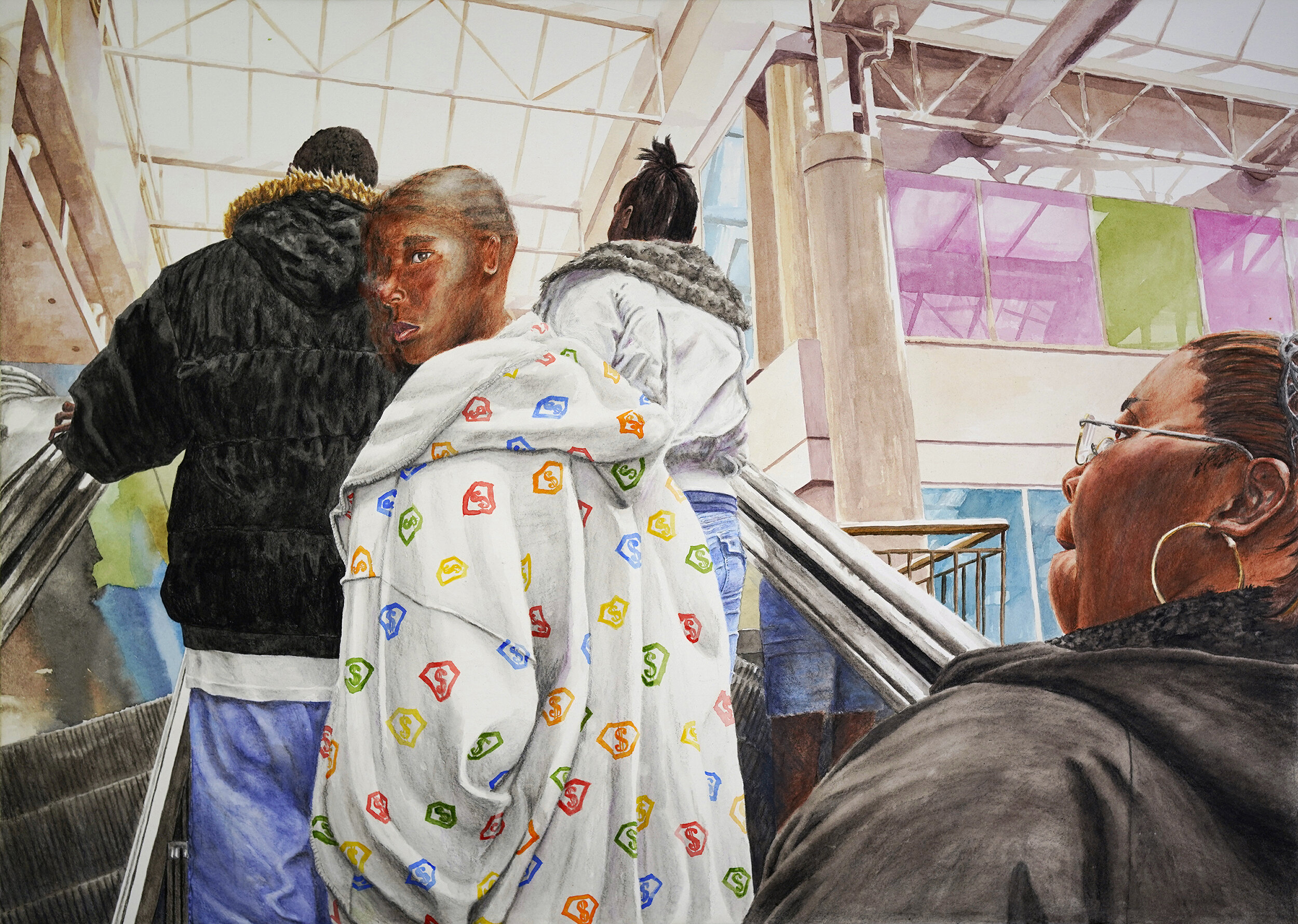   Anthony Turns on the Escalator , 2020, watercolor and watercolor pencil on paper, 50 x 70 cm 