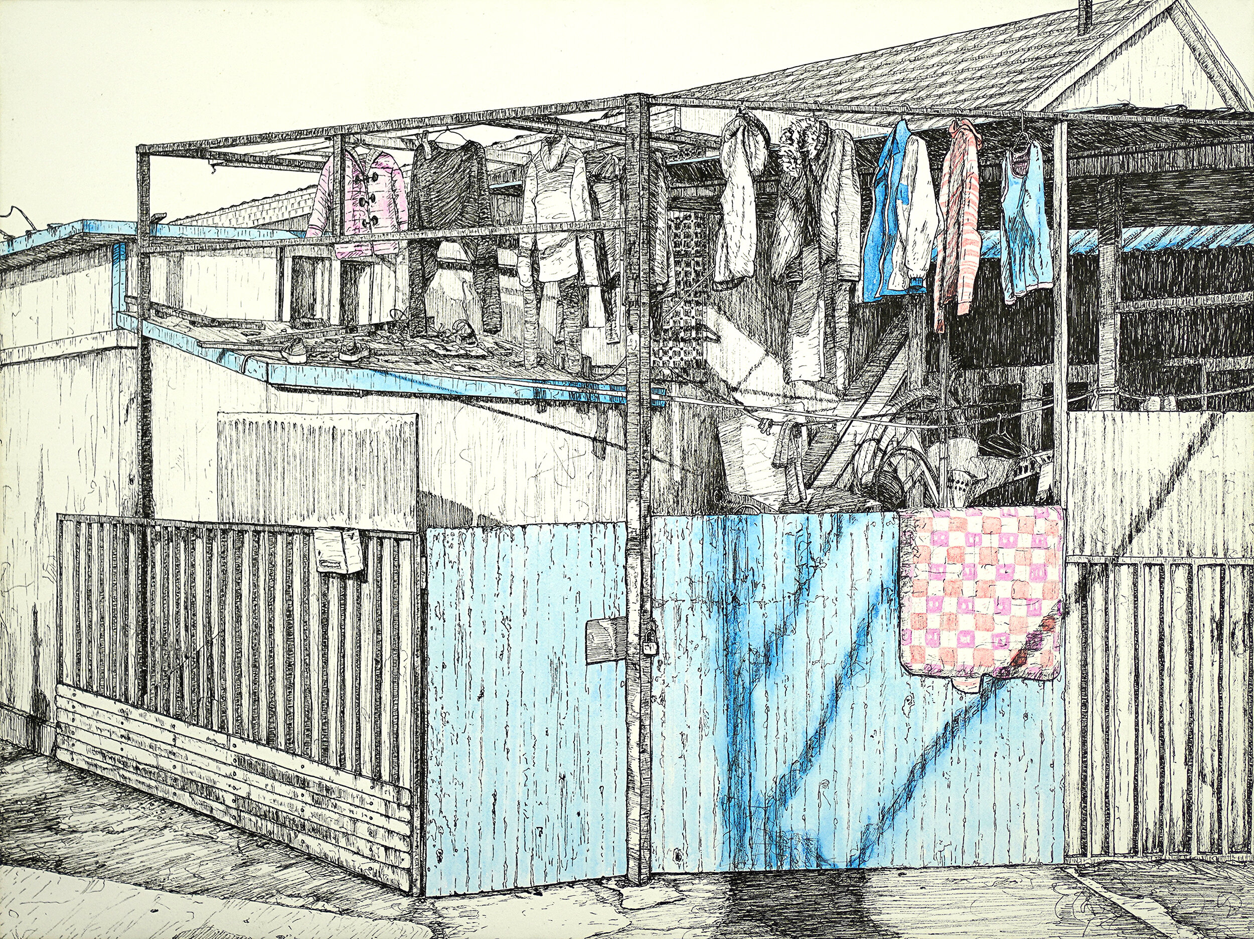   Drying Clothes , 2020, ink and watercolor pencil on paper, 30 x 40 cm 